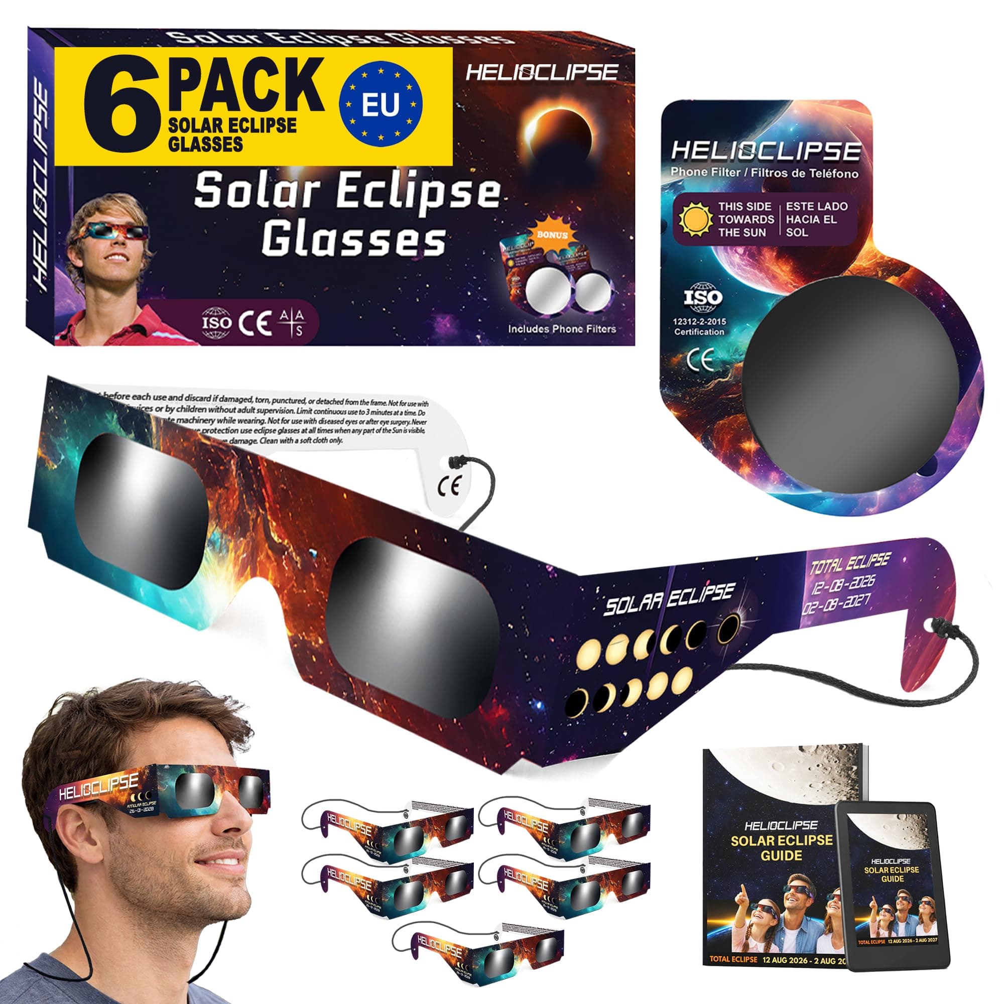 Helioclipse 6 Pack Approved Solar Eclipse Glasses 2026 ISO 12312-2