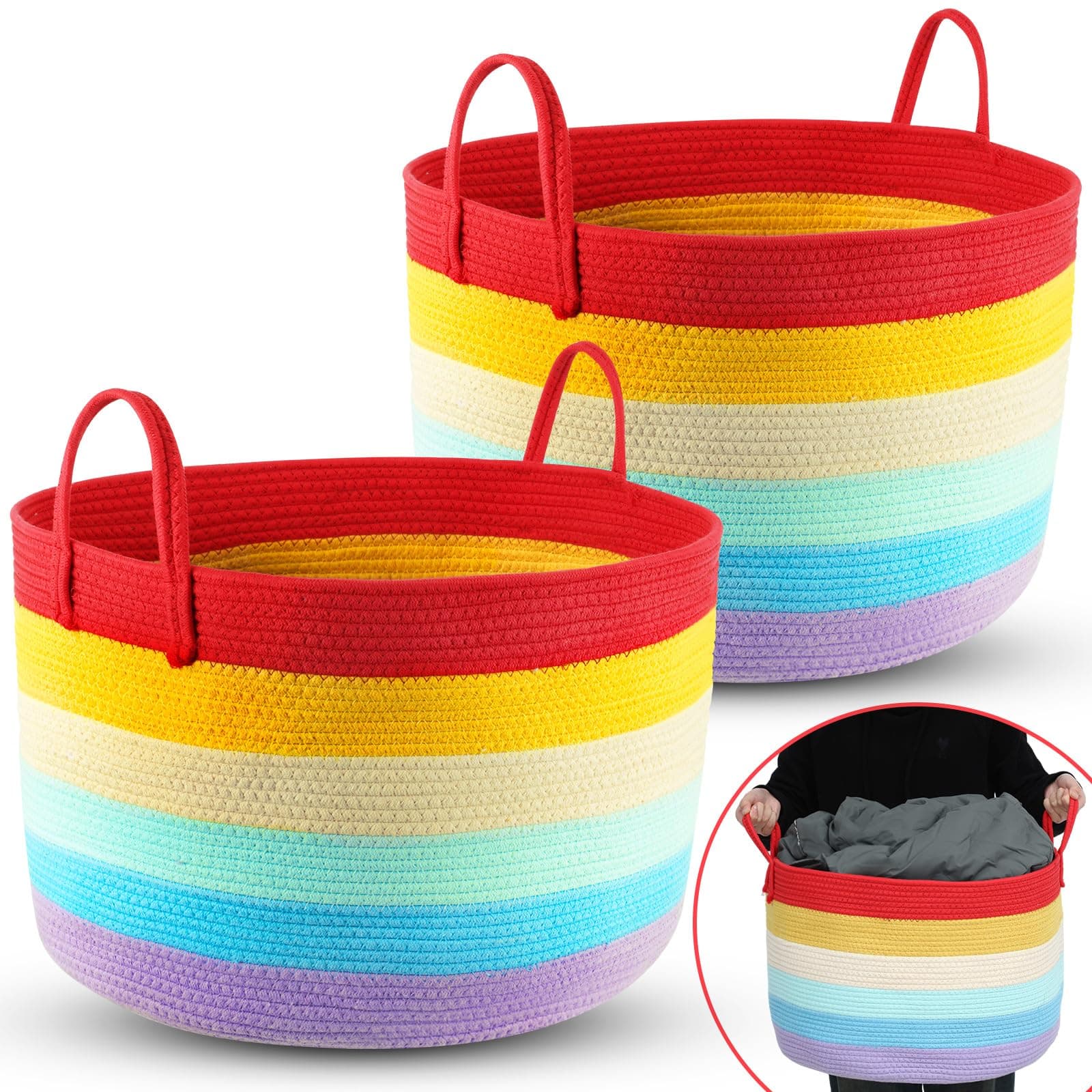 Layhit 2 Pcs 20 x 20 x 13 Inch Rainbow Storage Baskets, Throw Blanket Basket Decorative Storage Bins Woven Kids Clothes Organizer Gift Hamper for Baby Nursery Living Room Playroom Classroom Laundry