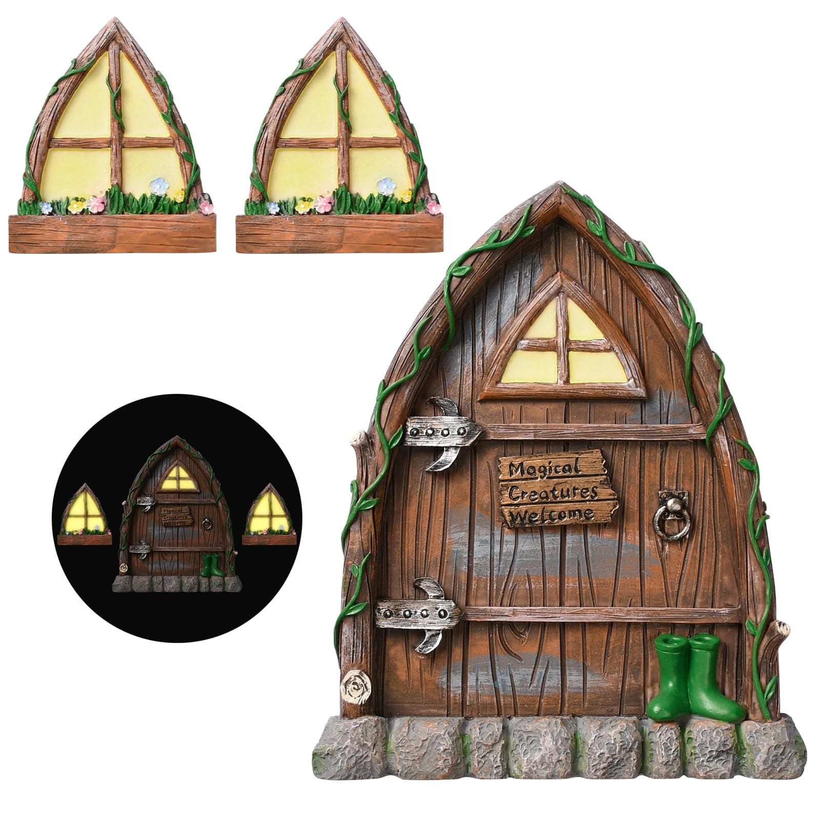 Resin Fairy Door and Window for Trees,Glow in The Dark,Miniature Fairy Garden Accessories,Garden Outdoor Decor for Trees,Gnomes House,Elf House