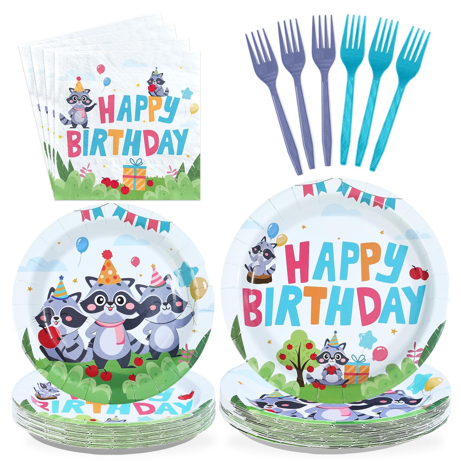 Greencian 96 Pcs Raccoon Woodland Birthday Party Decorations, Serves 24