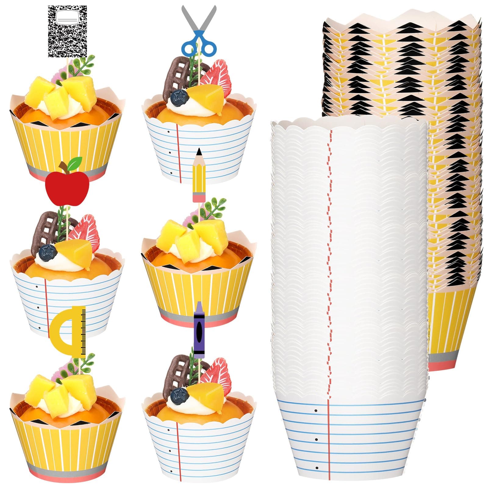 72 Pcs Back to School Classroom Cupcake Wrappers and Toppers Set, 36 First Day of School Cupcake Wrappers, 36 Pencil Ruler Crayon Notebook Cake Picks for Teacher Appreciation, Classroom Birthday