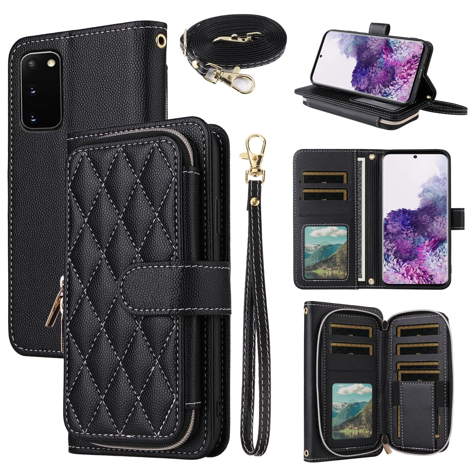 Dswteny Argyle Wallet Case for Samsung Galaxy S20 5G 6.2 inch with Wrist Strap Shoulder Strap, Zipper PU Leather Flip Credit Card Holder Stand Cell Phone Cover for S 20 20S UW S2O G5 Women Girls Black
