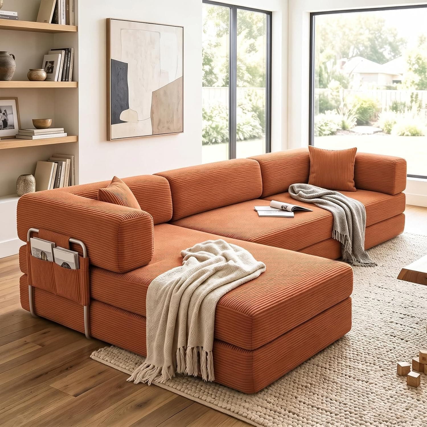 GEARIVY Convertible Sleeper Sofa Bed Corduroy Couch Bed 4-in-1 DIY Combination Modular Sofa Fold Out King Size Sleeper Floor Cama Lounge Couch for Living Room (Orange, 270CM Sofa Bed)