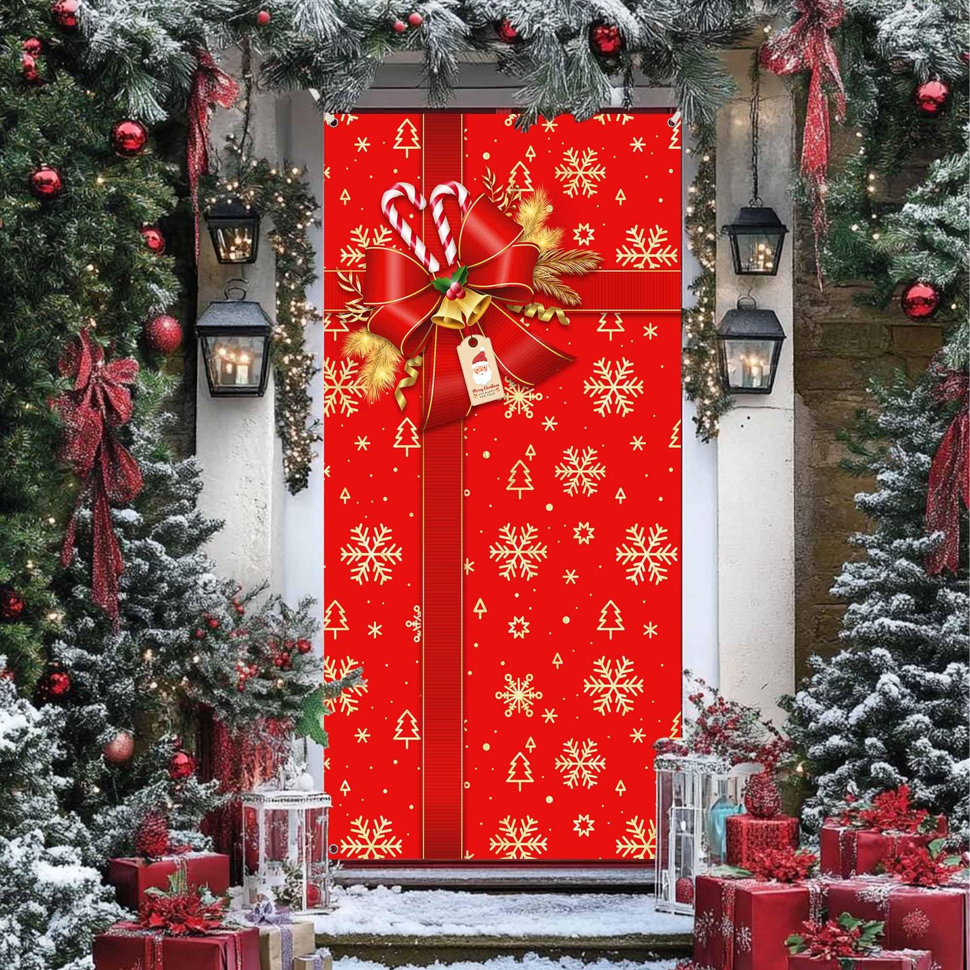Christmas Door Cover Christmas Red Gift Box Door Banner Snowflake Door Hanging Cover Xmas Decoration for Winter Xmas New Year Holiday Party Decor 70.8 x 35.4 Inch