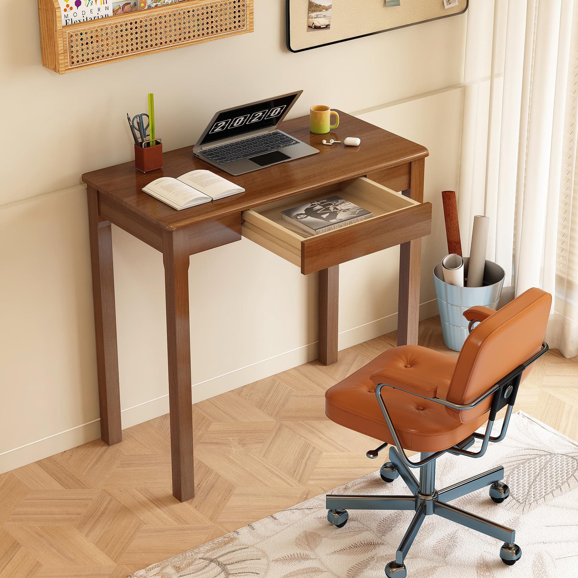 LuxeSand 100% Solid Wood 32 x 16 in Small Desk with Drawers