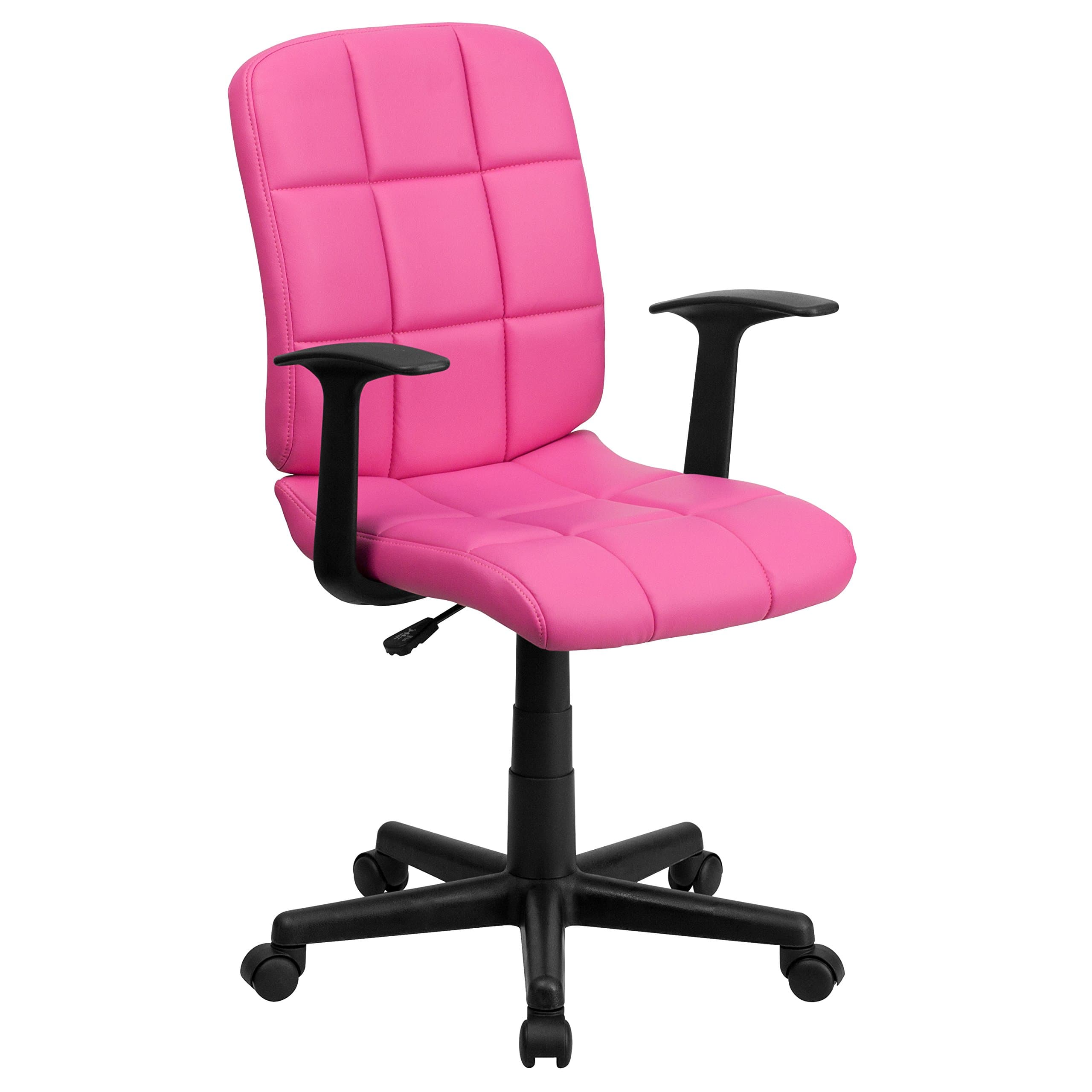 Flash Furniture GO-1691-1-PINK-A-GG Mid-Back Quilted Vinyl Task Chair with Nylon Arms, Pink