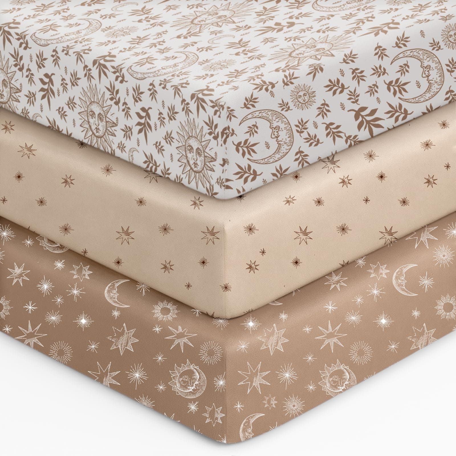 Unnivoll Baby Crib Sheets for Boys Girls, Fitted Crib Sheet Neutral 3 Pack for Standard Crib and Toddler Mattress, Breathable Soft Microfiber Baby Sheet 28x52x8in White Brown Sun God