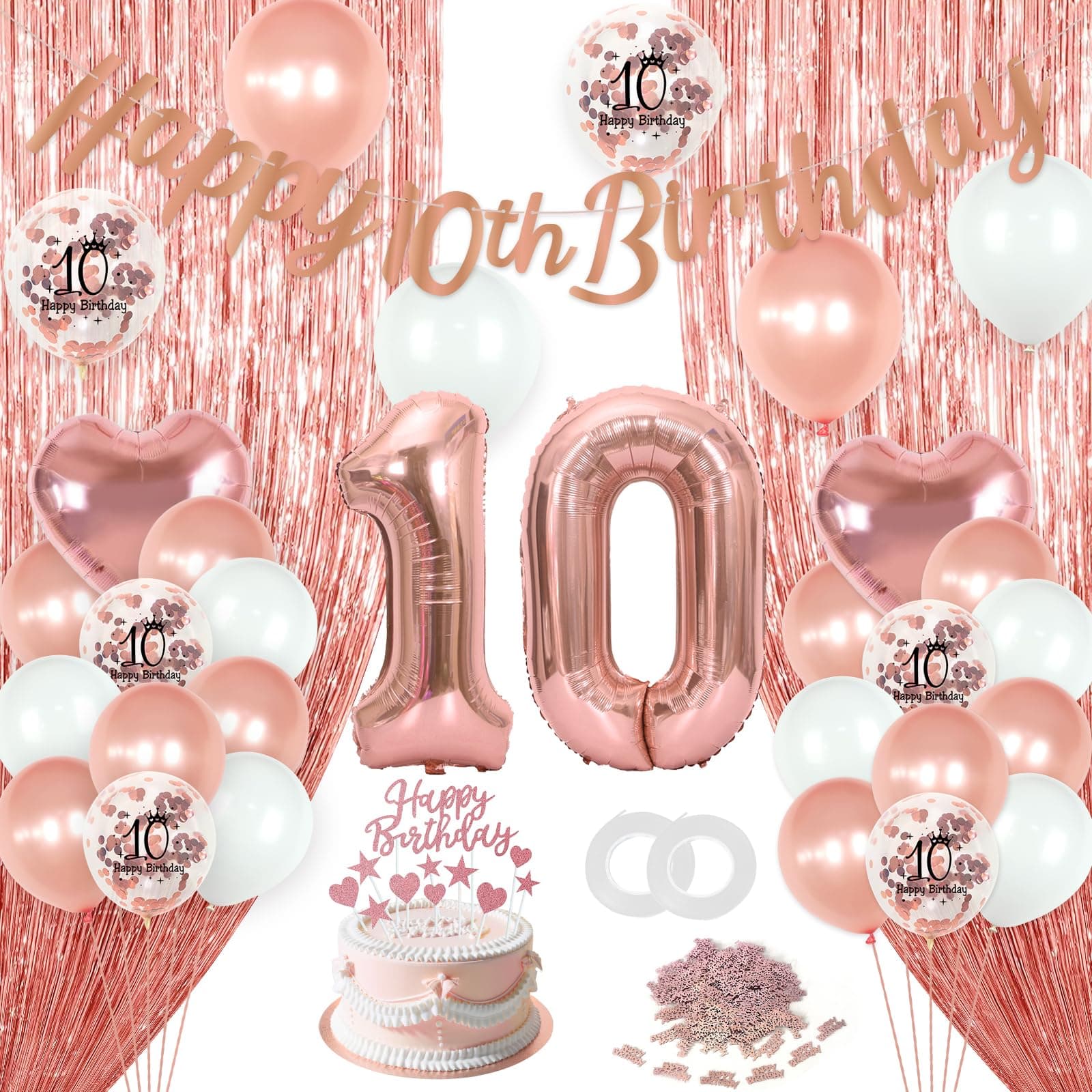 10th Birthday Decorations for Girl,Retro Rose Gold Girls Birthday Party Supplies Include 10th Birthday Balloons Banner Cake Topper Fringe Curtains Set,10 Year Old Gifts for Girls