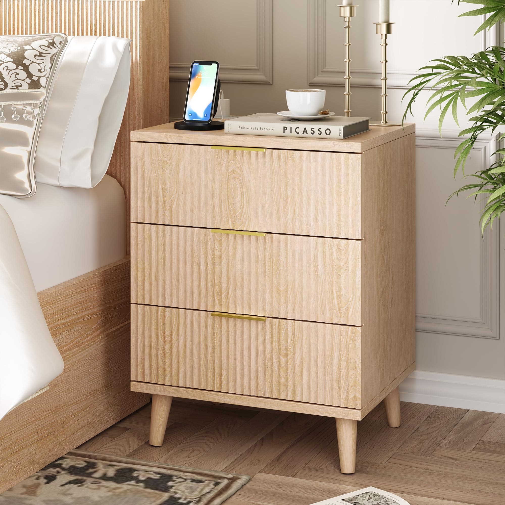 Fluted Night Stand with Charging Station Wood Modern Bedside Table