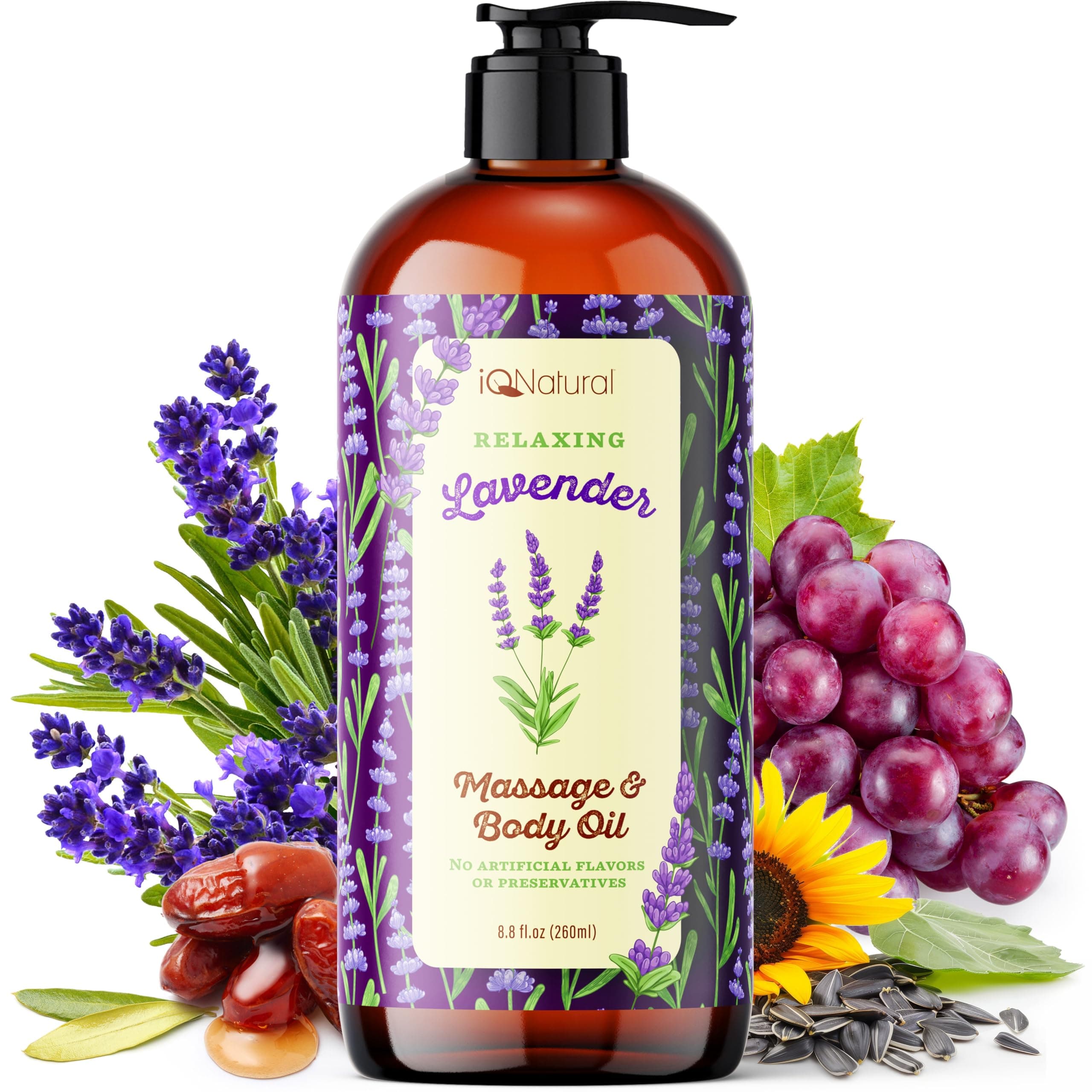 IQ Natural Organic Lavender Body Oil for Skin, Lavender Massage Oil for Massage Therapy, Couples Massage, Sore Muscle Body Relaxing Warming - Lightweight and Non-Greasy - 8.8oz (260ml)