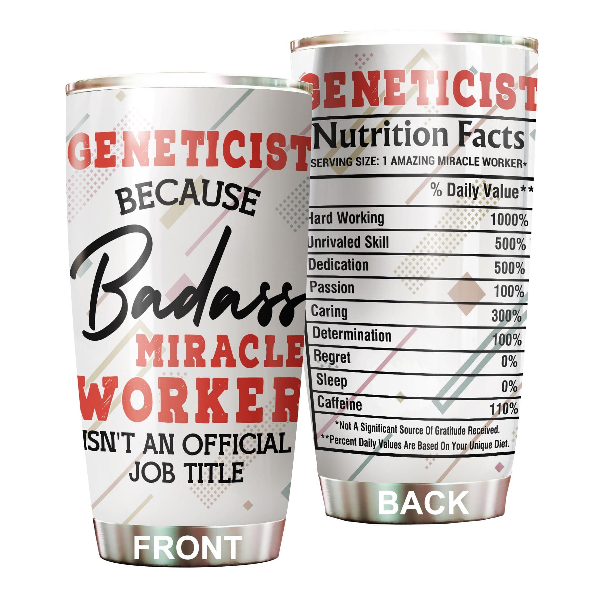 MEDROC Miracle Worker Nutrition Facts Geneticist Tumbler Stainless Steel 20oz, Funny Gifts Bulks For Office Women Men Work Friend Coworker, Driking Coffee Cup For Birthday Christmas