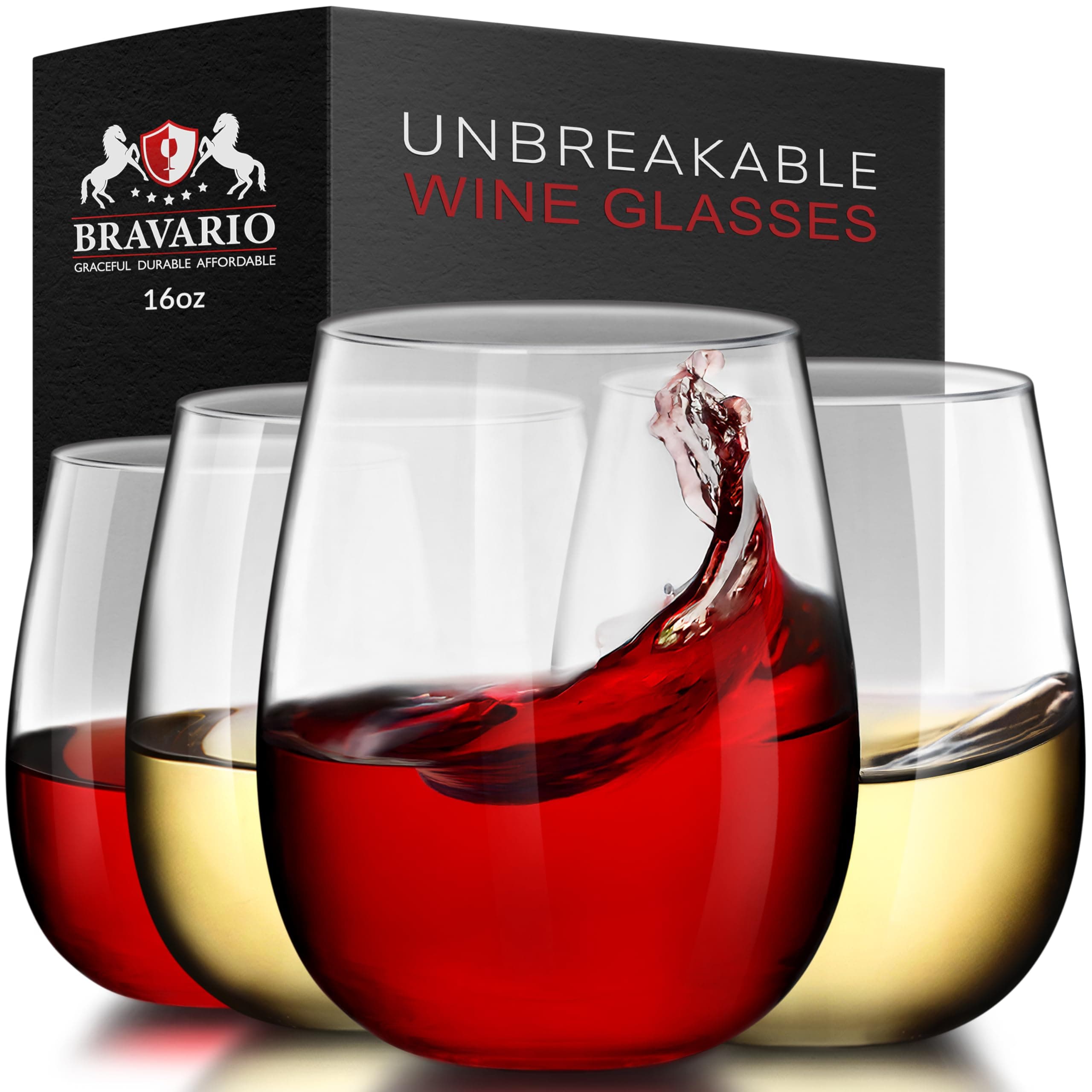 Bravario Unbreakable Stemless Plastic Wine Glasses | Reusable | Shatterproof 100% Tritan Plastic | Dishwasher-Safe | BPA-Free | Awesome for Indoor & Outdoor | 16 oz, Set of 4