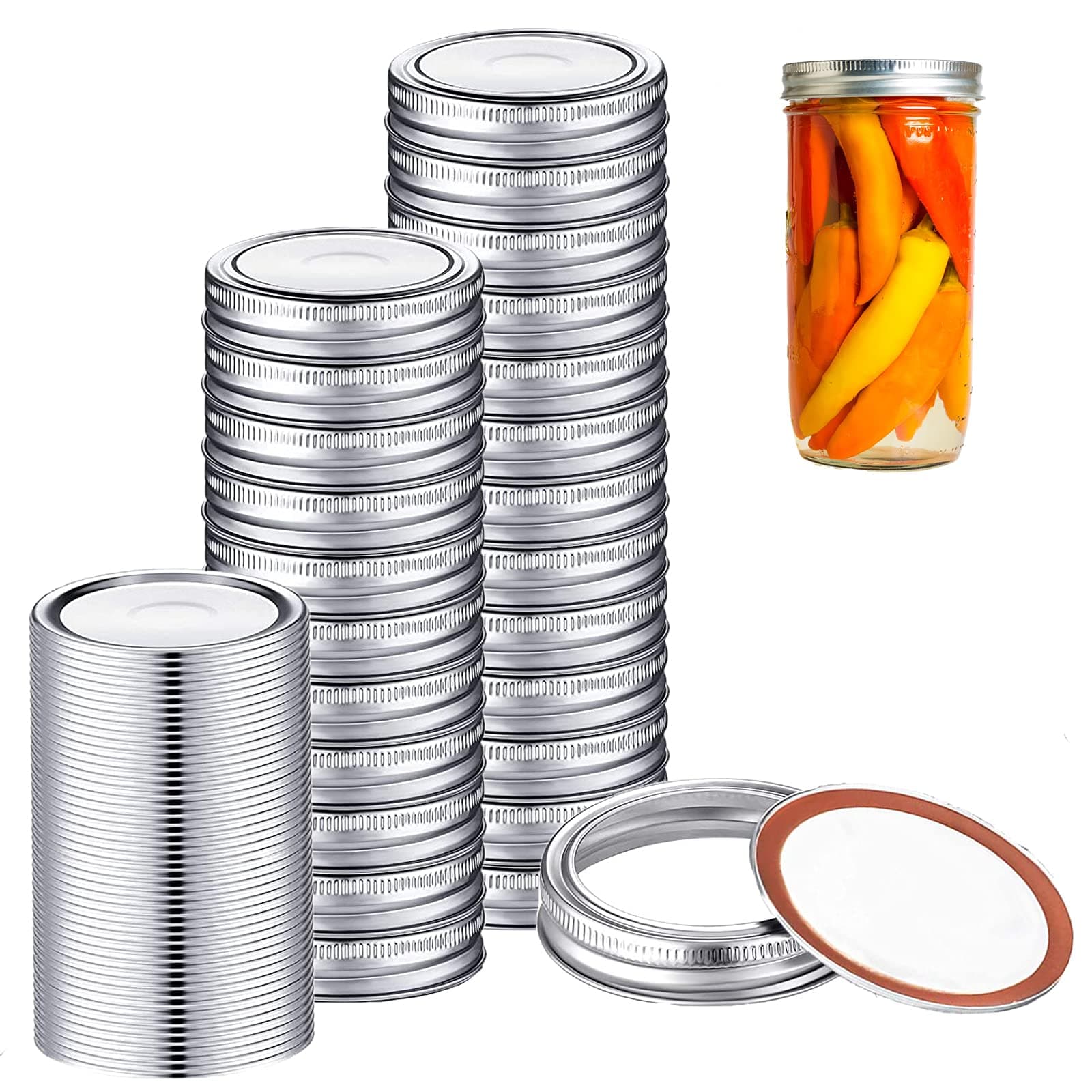 48 PCS Canning Jar Lids and Bands, Mason Canning Lids with Silicone Ring Leak Proof Secure, Reusable Split-Type Silver Lids for All Regular Mouth Mason Jars (70 mm)