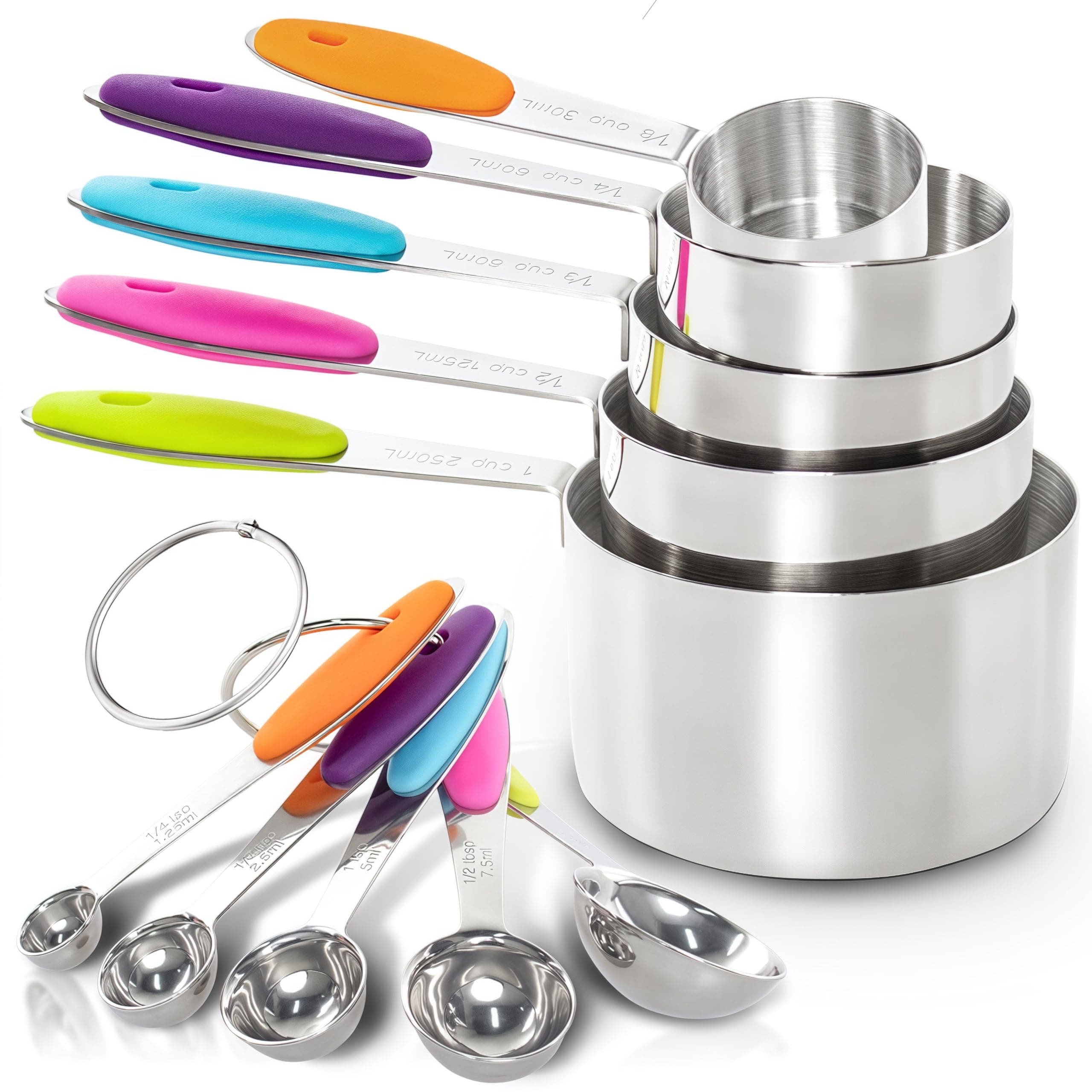 DILISS 10 Piece Measuring Cups and Spoons Setm, Stainless Steel Material, Fits in Spice Jars, 5 Measuring Cups and 5 Spoons, for Measuring Dry and Liquid Ingredients, Cooking & Baking Supplies