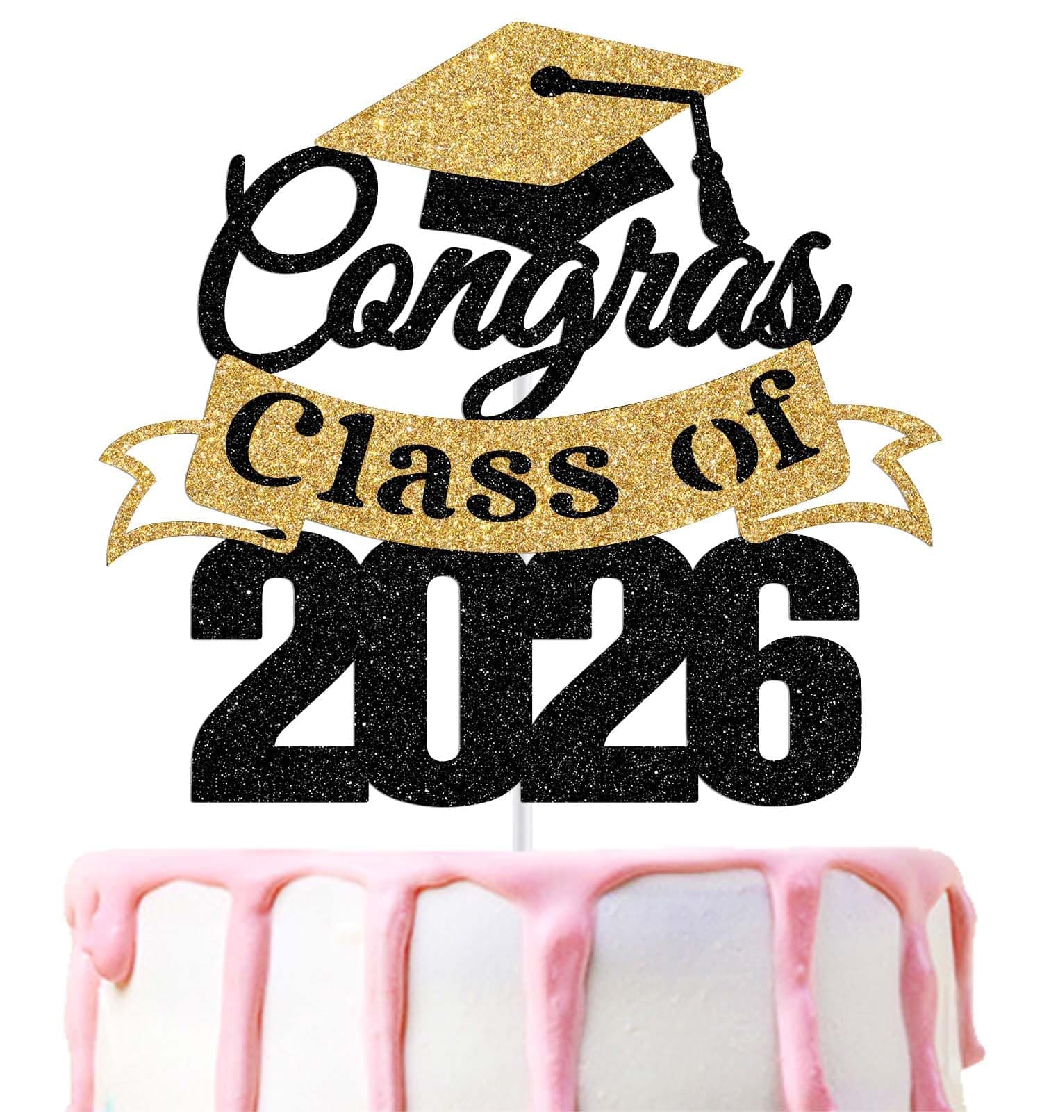 Class of 2026 Cake Topper, Congrats Graduation Cake Decor, 2026 Graduation Party Decorations, Juniro High School College Congratulations Grad Decorations Black & Gold Glitter
