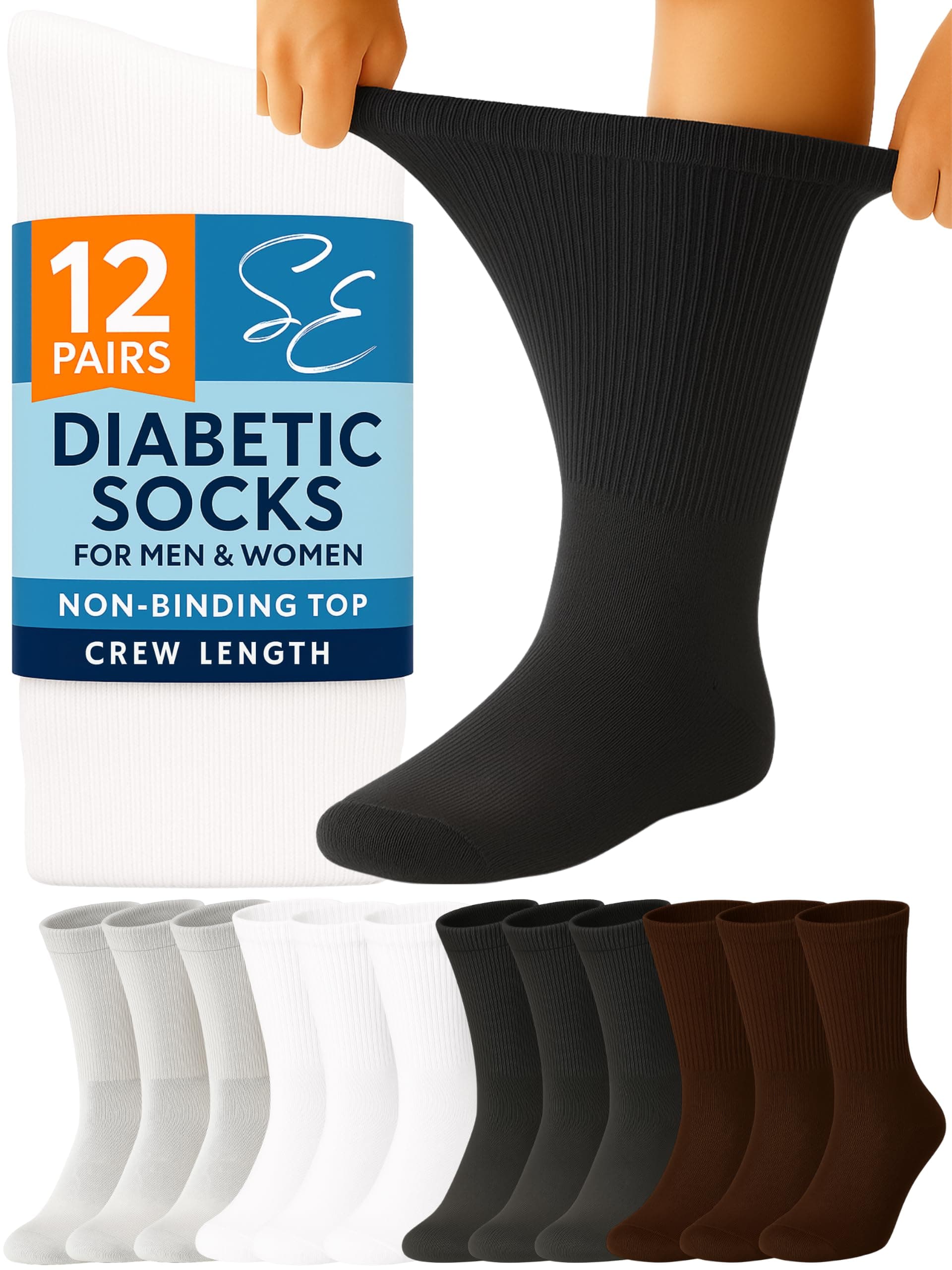 Special Essentials 12 Pairs Cotton Diabetic Socks for Men & Women - Non-Binding Extra Wide Top Neuropathy Socks - Crew Socks (CA/US, Alpha, X-Large, Regular, Regular, Black/White/Gray/Brown)