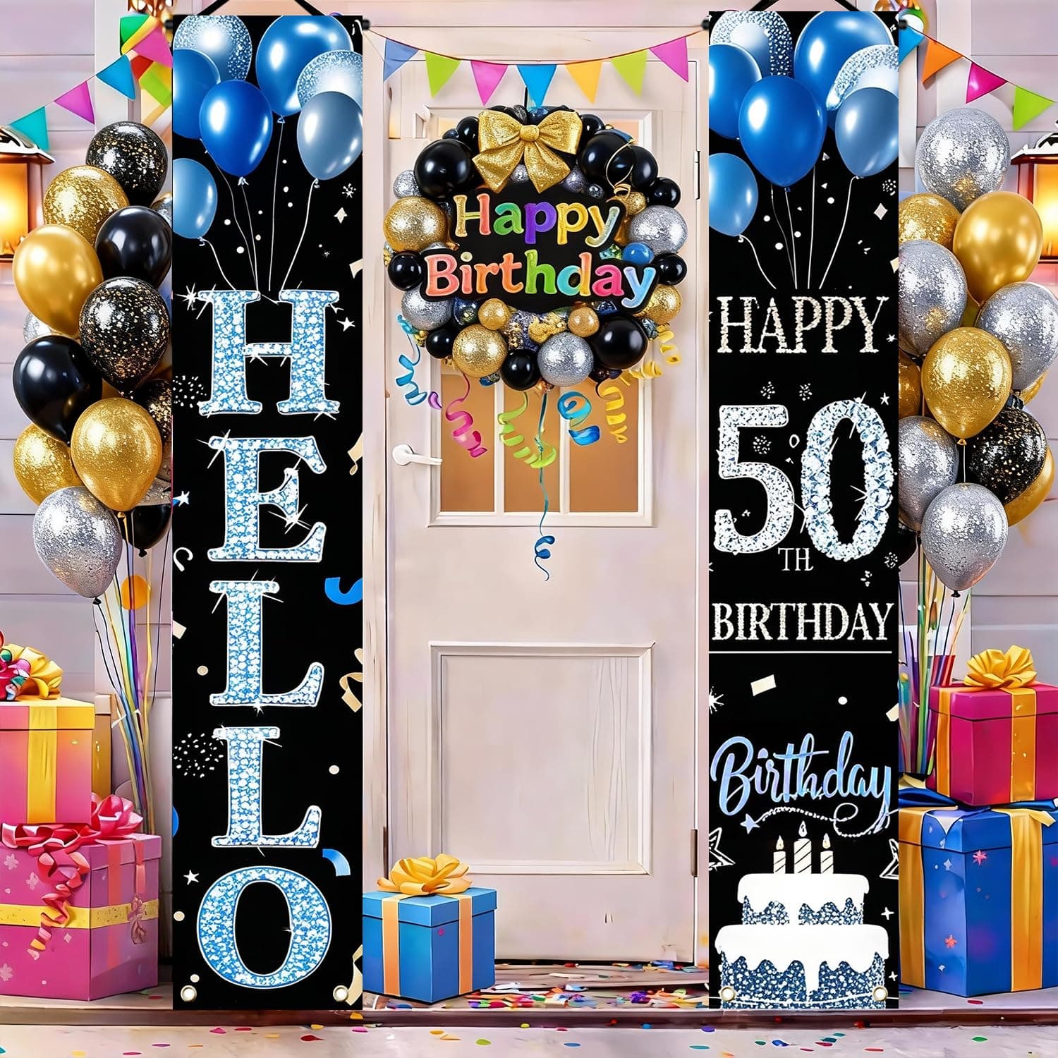 IVN Happy 50th Birthday Porch Banners 12x71 Inch Set of 2 Blue Gold