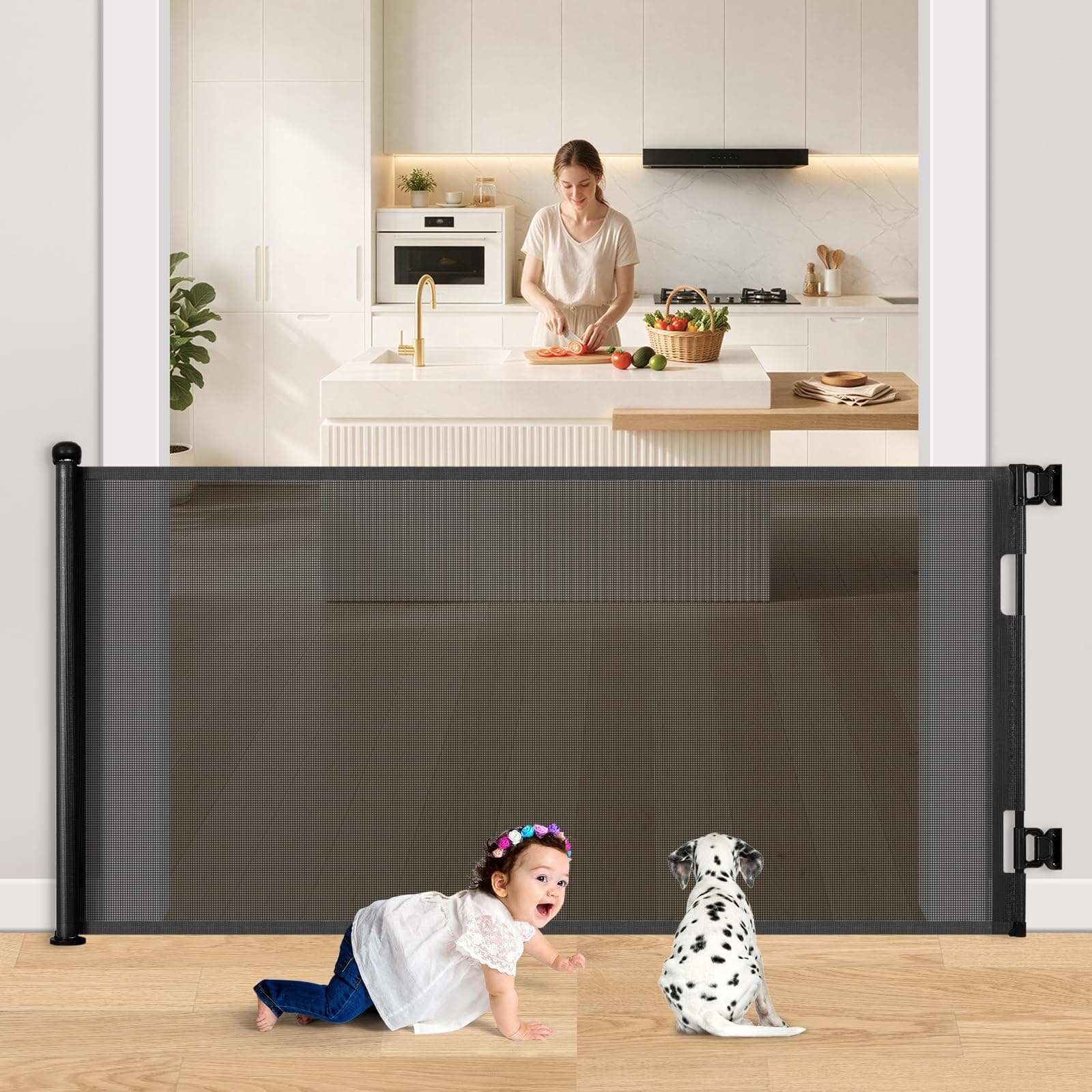 Retractable Baby Gate for Stairs & Doorways, 33" Tall Extends to 71" Wide
