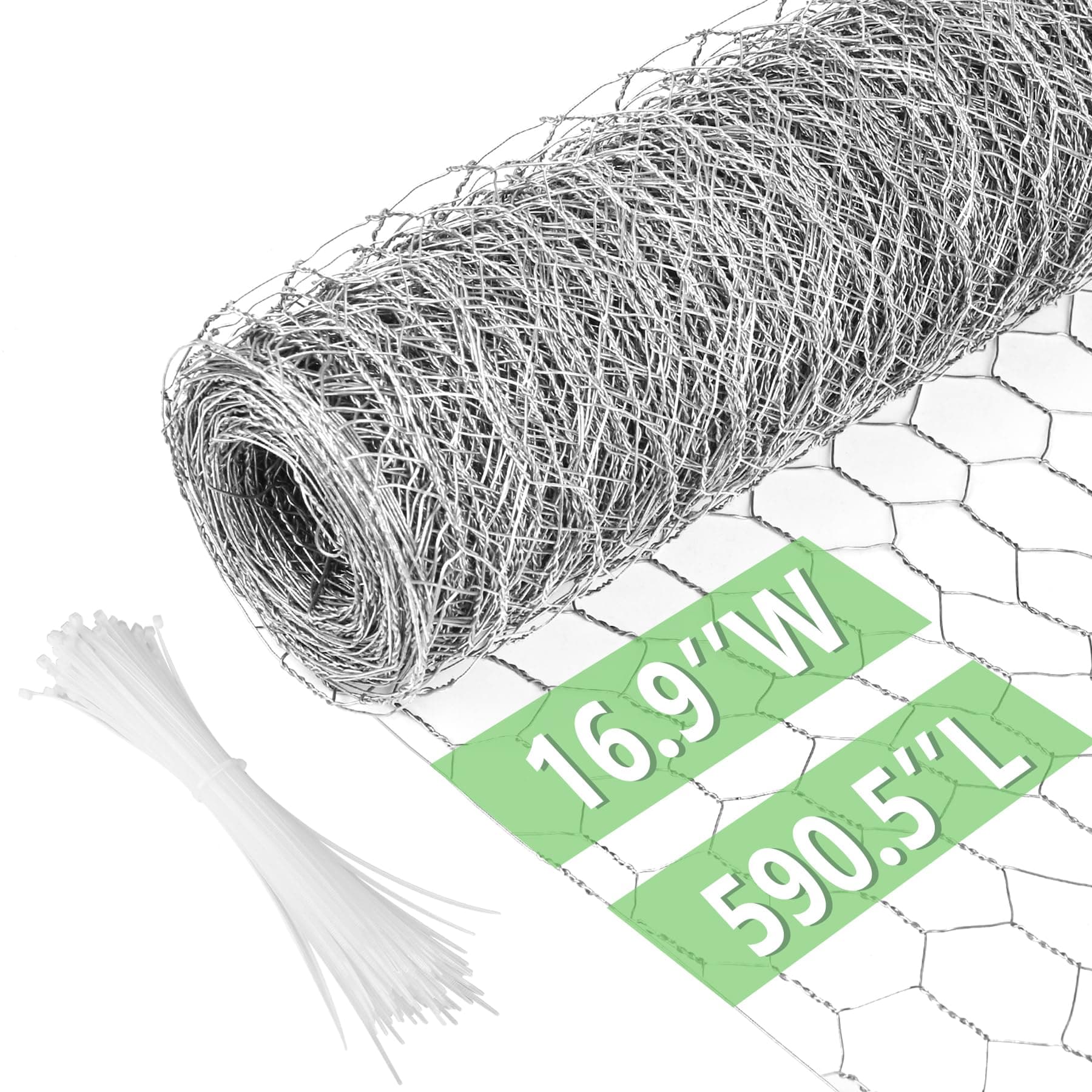 Chicken Wire 16.9 in x 590.5 in Poultry Wire Netting Hexagonal Galvanized Mesh Garden Fence Barrier for Pet Rabbit Chicken Fencing with 100 Pcs Cable Zip Ties