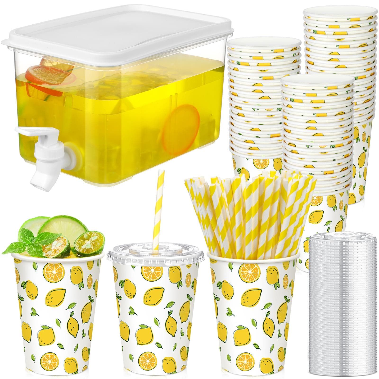 151 Pcs Lemonade Stand Supplies Lemonade Stand Kit Plastic Drink Dispenser 50 Set Disposable Cup with Lids Straws Fridge Water Beverages Dispenser with Spigot for Fruit Juice(Cup-12oz)