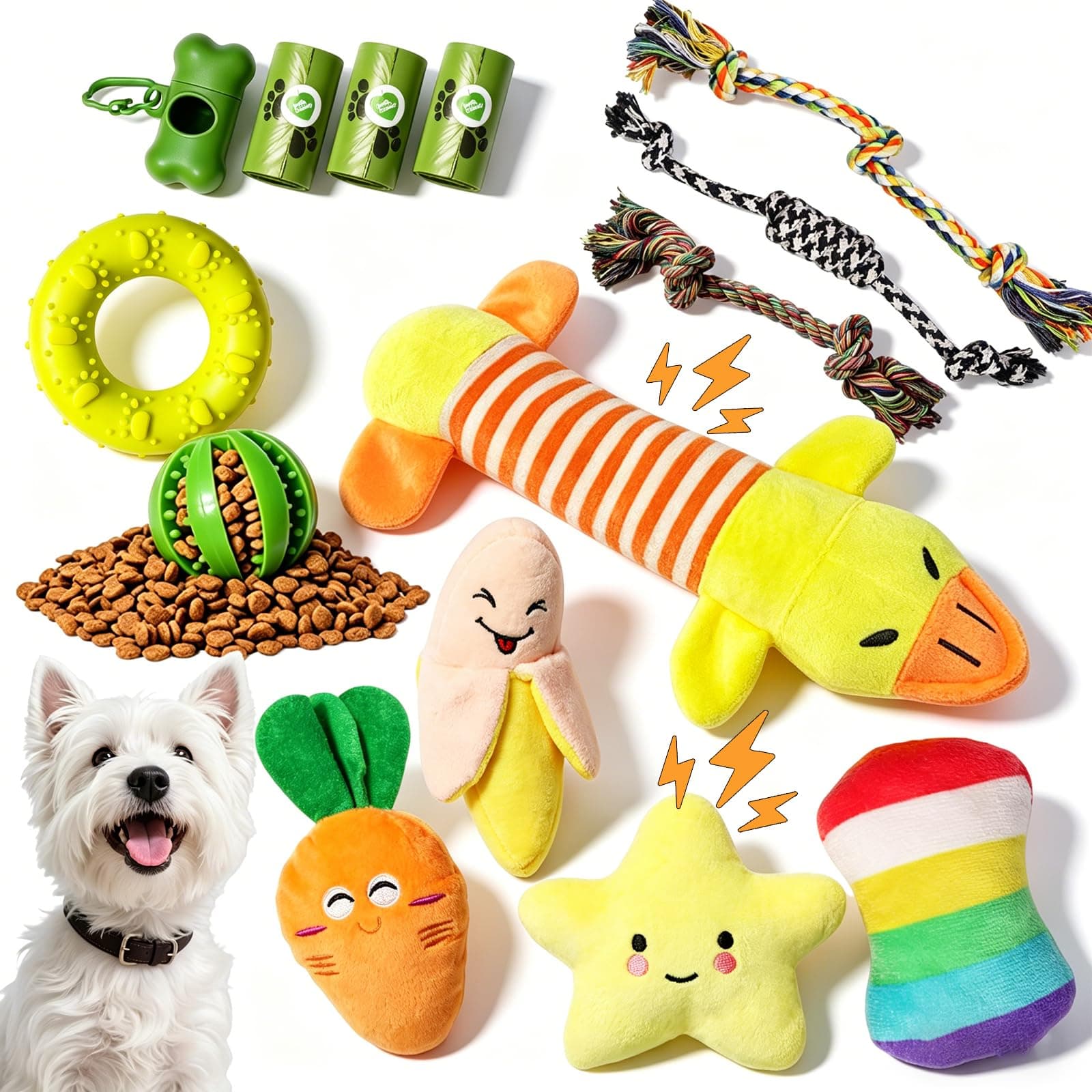 14 Pack Puppy Chew Toy Variety Pack, Squeaky Plush Rope Treat Ball Toys for Small Medium Dogs