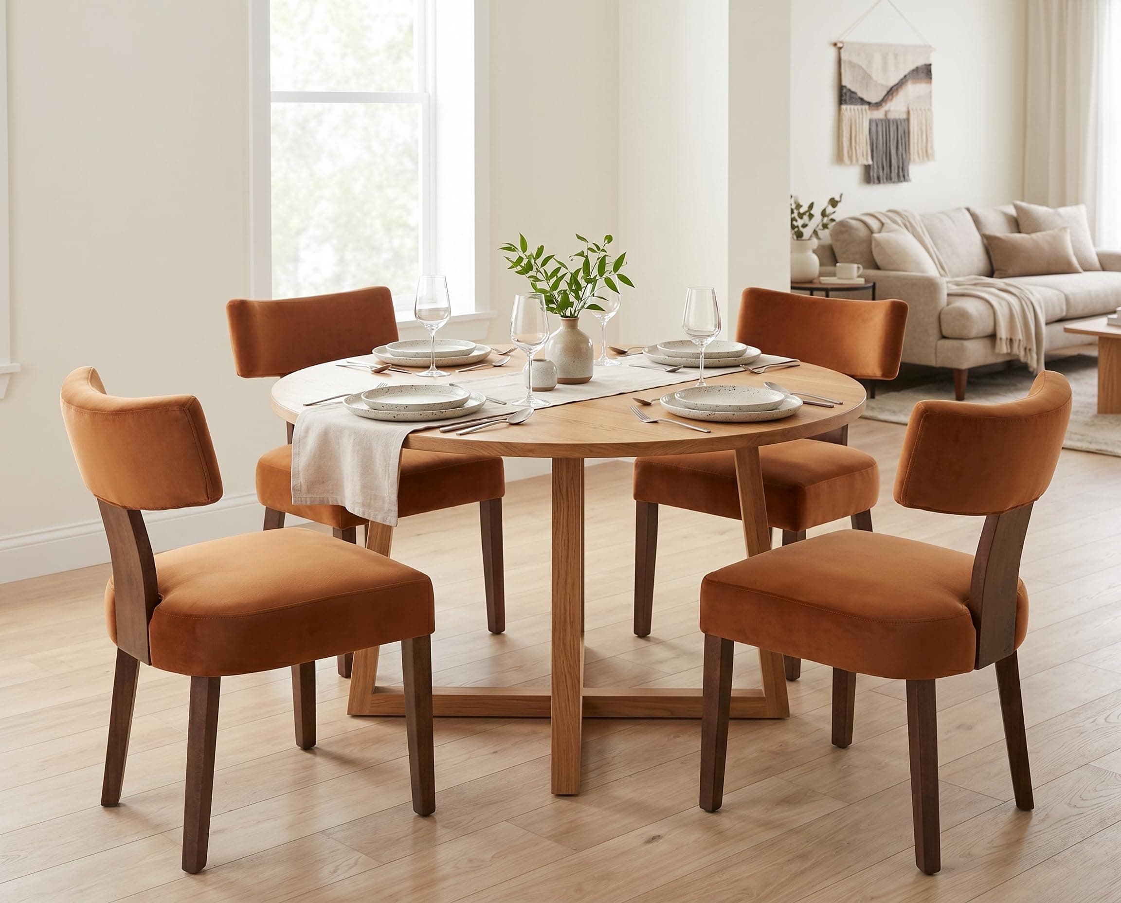 RIVOVA Set of 4 Modern Dining Chairs, Farmhouse Velvet Upholstered Dining Room Chairs Kitchen Chairs Side Armless Chairs with Curved Backrest Wood Legs, Yellow Brown