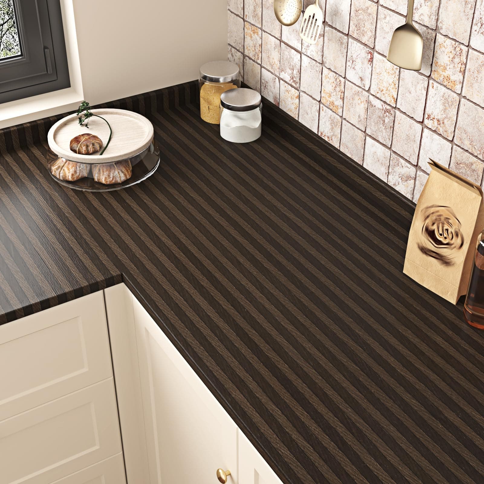 Skyblur 17.7"x315" Brown Stripe Wood Slat Wallpaper Peel and Stick Removable Wallpaper for Bedroom Living Room Walls Wood Panel Vinyl Roll Waterproof Contact Paper for Kitchen Countertops Table