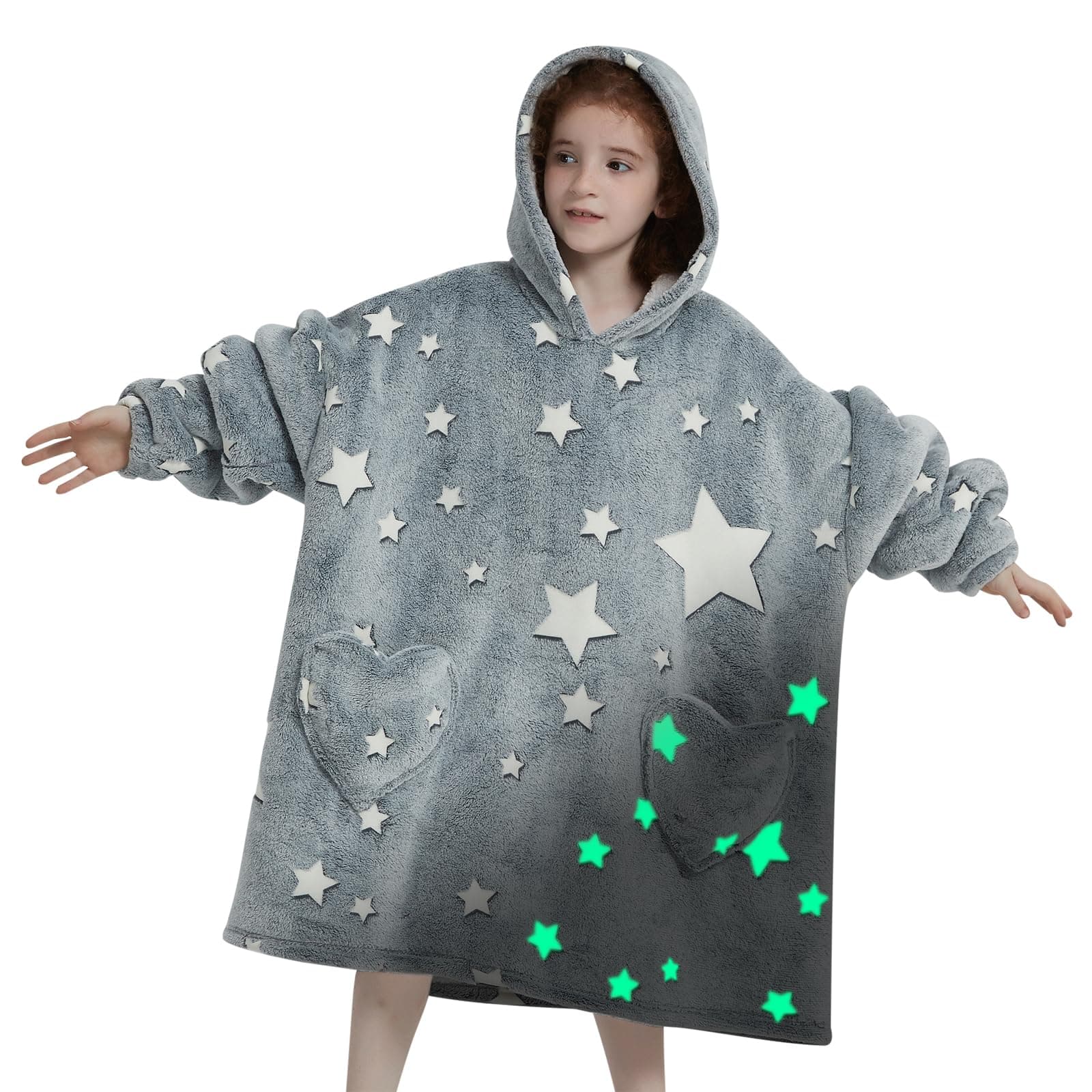 Mewkou Wearable Blanket Hoodie for Kids Oversized Sherpa Blanket Hoodie for Kids Boys Girls Teens 6-13YR,Glow in The Dark Star