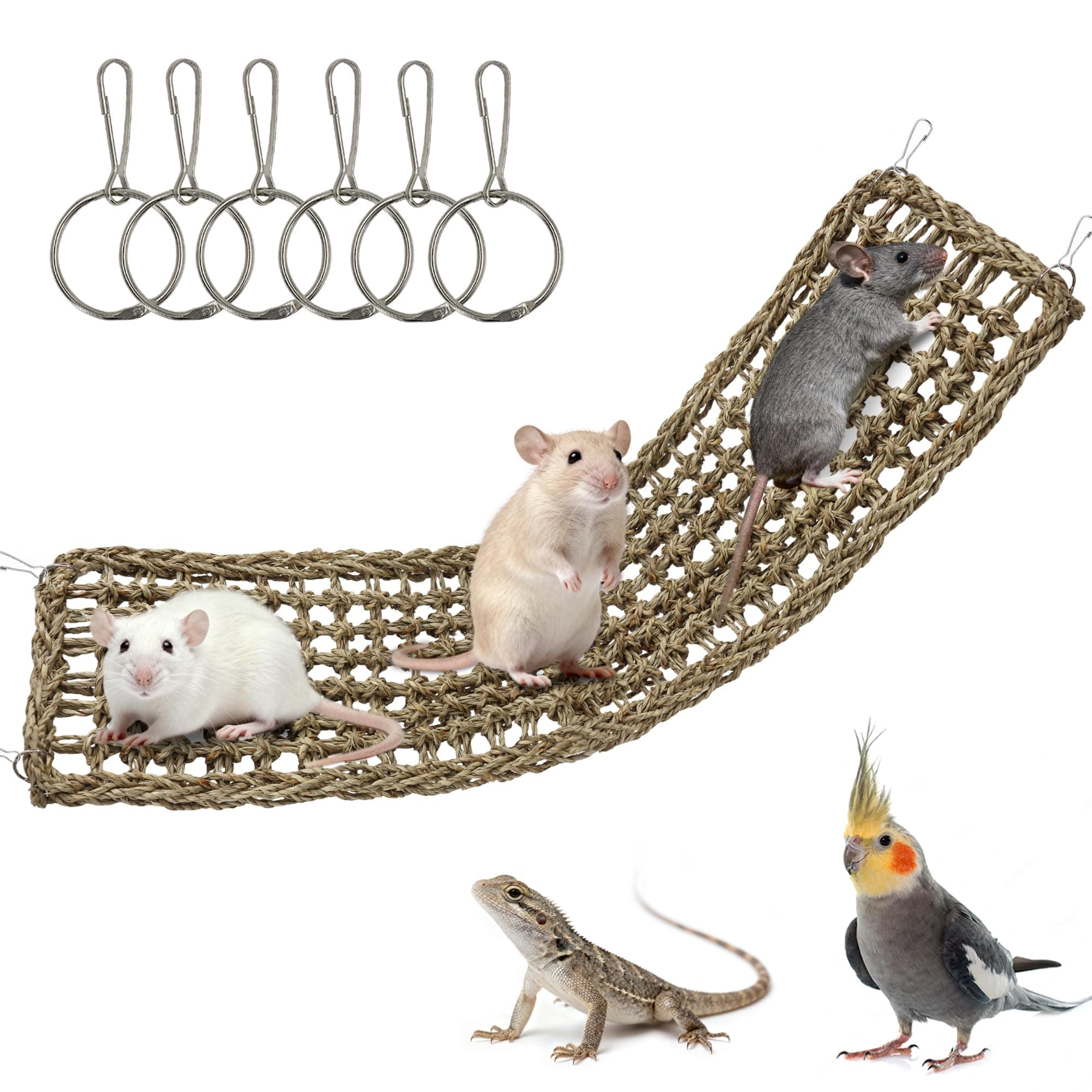 Jevnd 30x7inch Rat Climbing Toys for Cage, Chewable Natural Seagrass Mat with Metal Hooks, Soft Fall Breakers for Rats, Rat Ladder Bridge Toy with Mild Grassy Scent, Rodent Hammock Cage Accessories