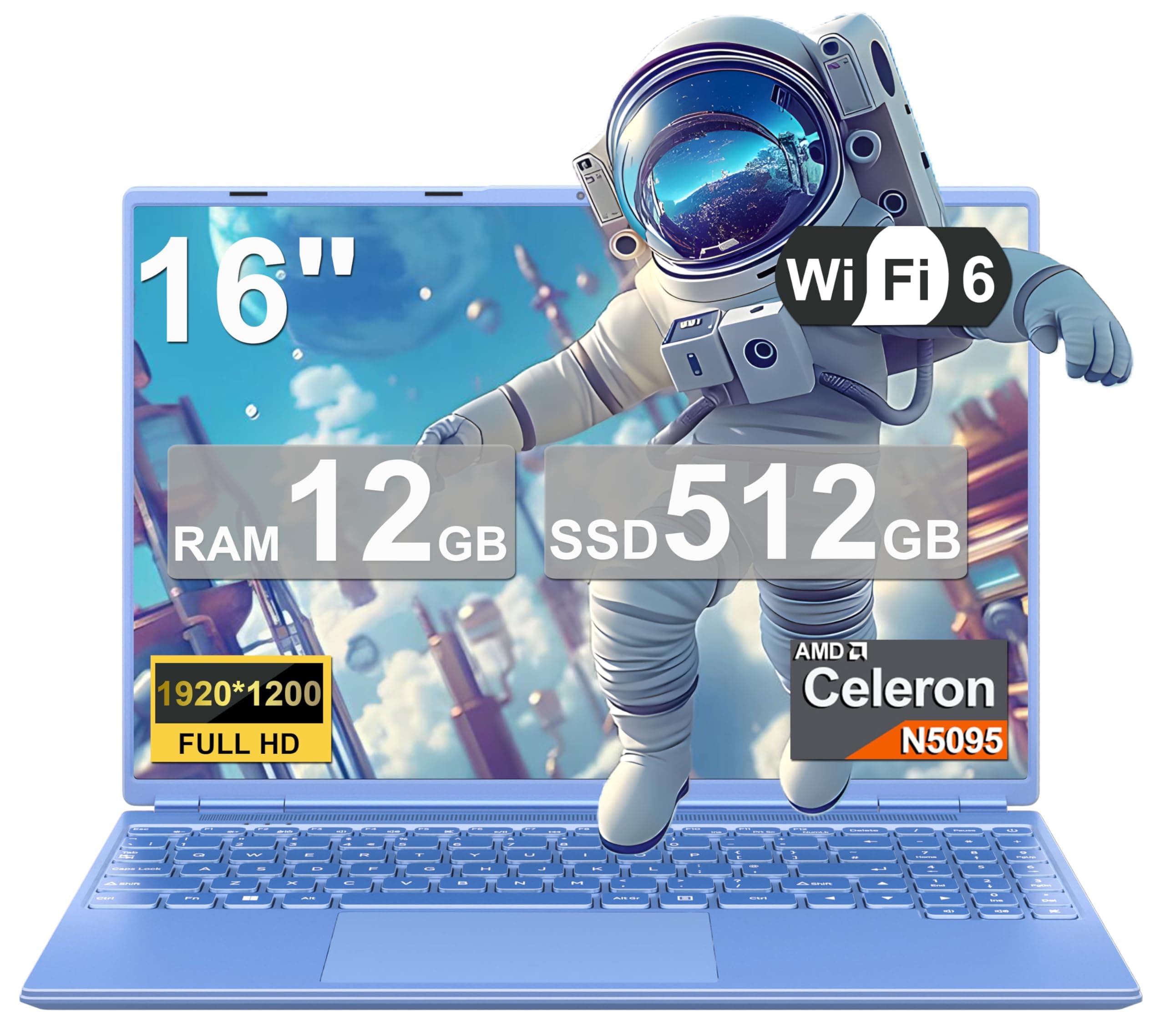 NOTODD Laptop 16" 12GB LPDDR4 512GB SSD Celeron N5095 Up to 2.9Ghz Quad-Core Win 11 PC 1920*1200 2K Screen Dual WIFI Support 2.5" HDD 1TB SSD Expand with Cooling Fan Numeric Keypad for Business-Blue