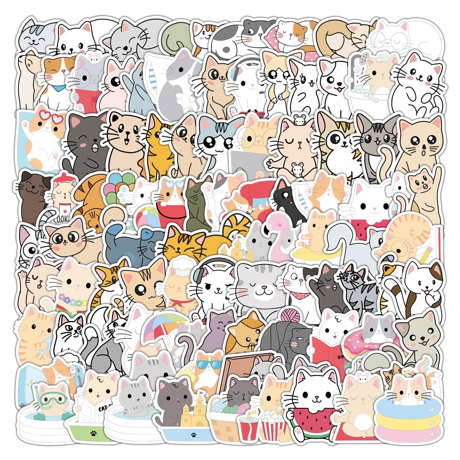 100Pcs Cute Cat Stickers for Kids, Vinyl Stickers Kids Waterproof Stickers for Water Bottles Laptop Holiday Party Classroom Decor