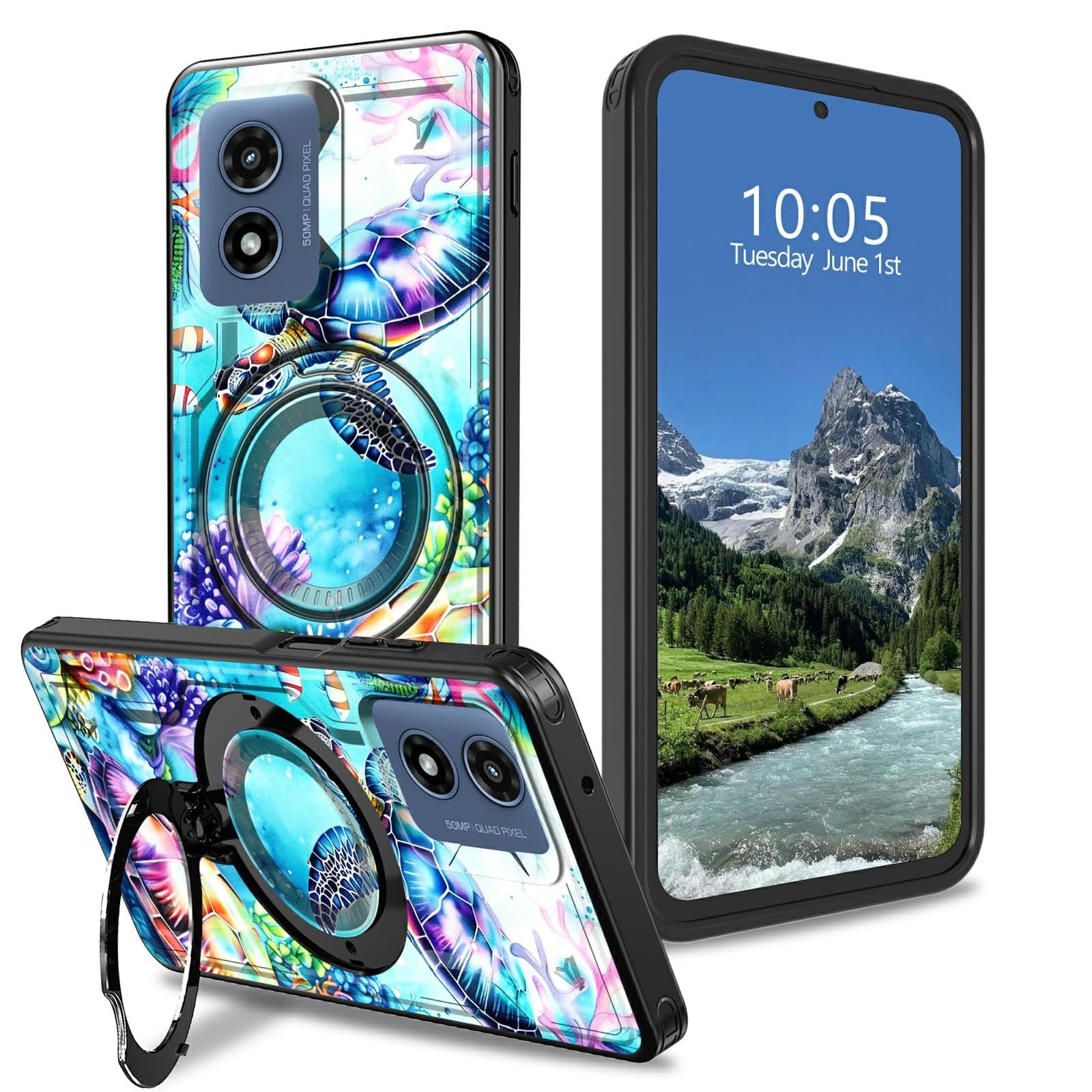 DIGTIALL for Motorola Moto G Play 4G 2024 6.5" Phone Case with Stand for Moto G Play 4G 2024 Case Watercolor Turtle Theme Hybrid Dual Layer Shockproof Protective Cover