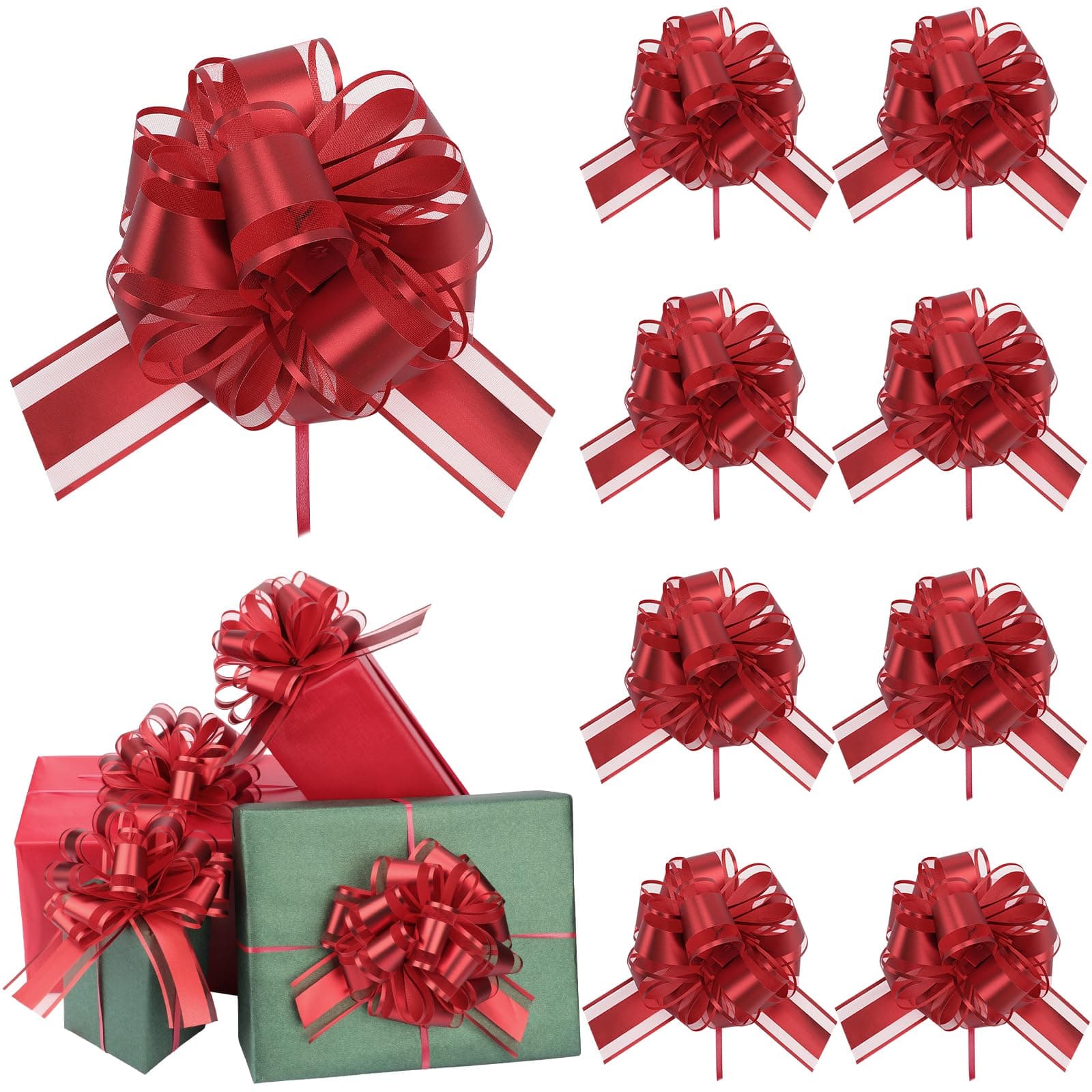 32 Pcs Large Pull Bows for Gift Wrapping, 6 Inch Organza Ribbon Bows Bulk, Vibrant Color Decorative Bows for Easter Mother's Day Christmas Wedding Party, Gift Baskets & Presents Decor (Red)