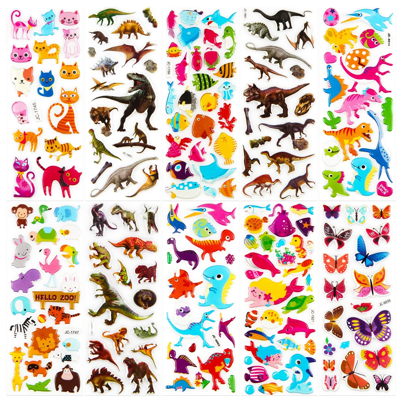 Animal Puffy Stickers for Kids 52 Sheets 3D Stickers Pack for Children Over 1100 Stickers for Boys Girls and Toddler, Included Animals Butterfly Dinosaur Ocean Life