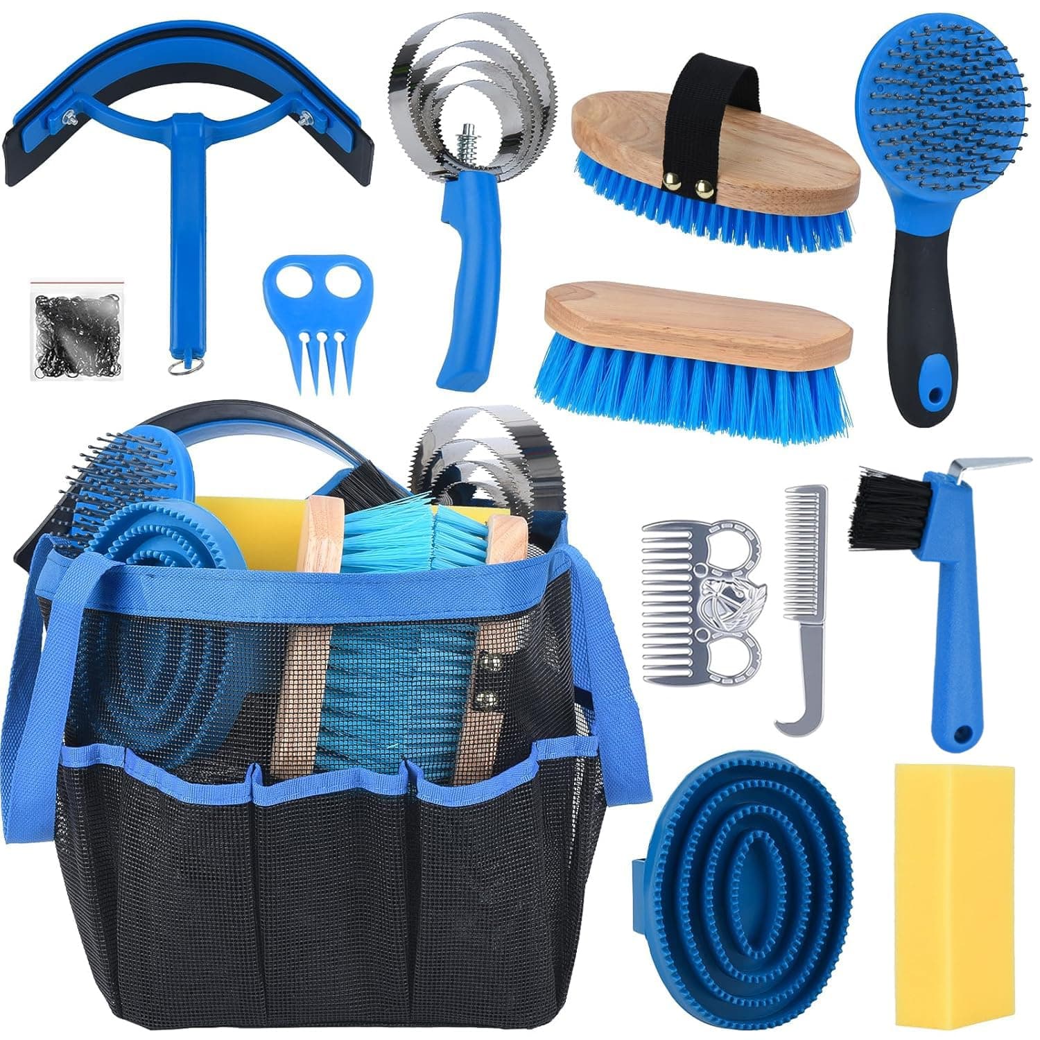 TERPUP 13 Piece Horse Grooming Kit, Horse Brushes for Grooming Supplies with Portable Bag, Horse Brush Set & Curry Comb for Effective Bathing and Massaging, Gift for Horses Riders Beginners (Blue)