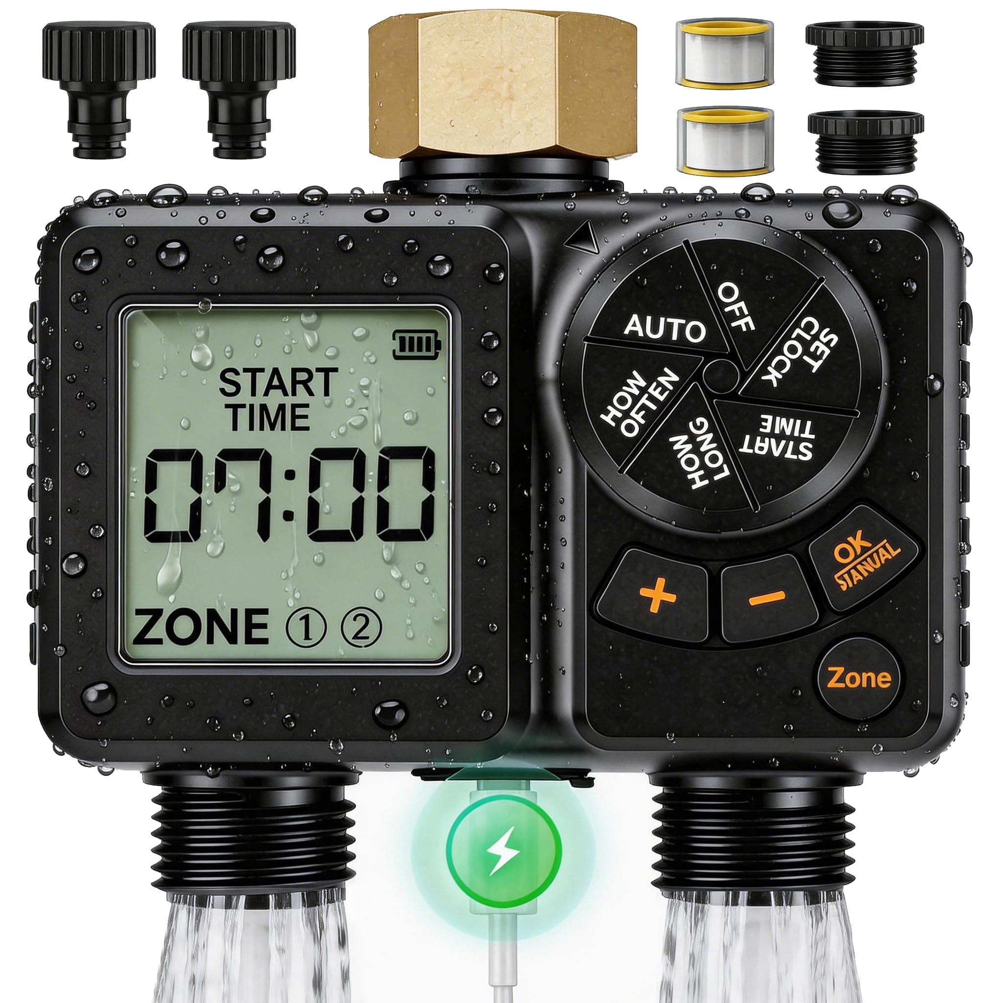 2 Zone Water Timer for Garden Hose, 2000mAh Rechargeable Sprinkler Timer with Brass Inlet, 2.8" LCD, IPX6 Waterproof, Rain Delay/Manual/Auto Mode, Hose Timer for Drip Irrigation Lawn Watering System