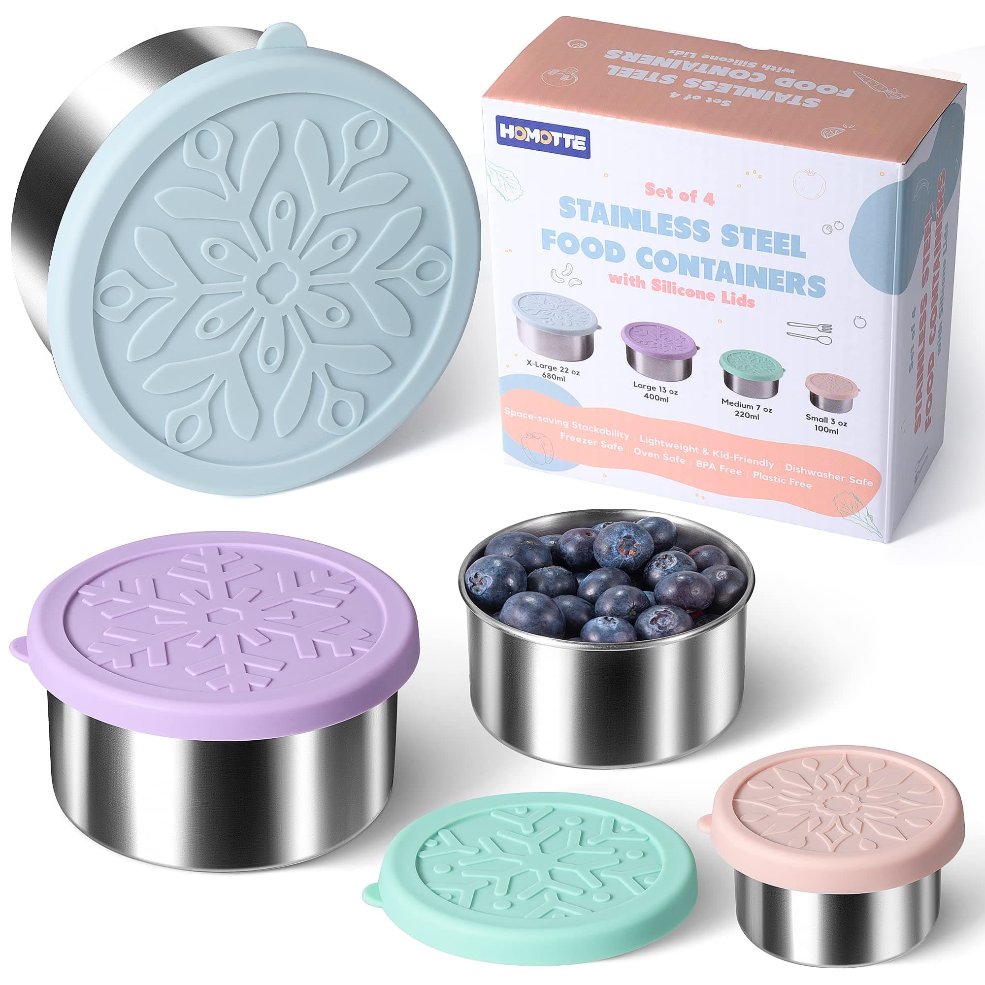 18/8 Stainless Steel Food Snack Storage Containers(4 Pack: 3/7/13/22oz)