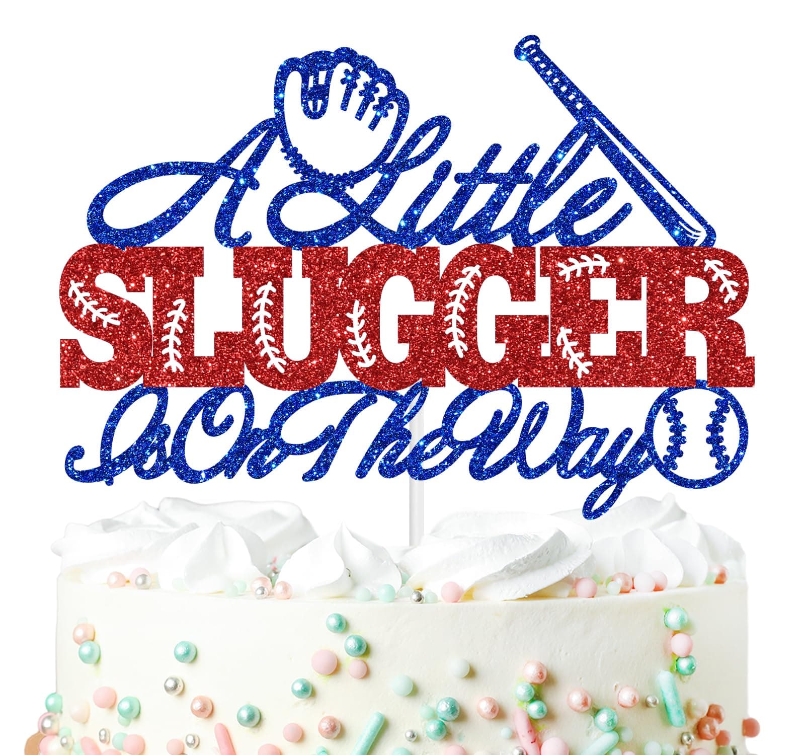 A Little Slugger is on the Way Cake Topper, American Baseball 1st Birthday for Boy, Sport Themed Rookie Birthday/Gender Reveal/Baby Shower Party Decoration Supplies, Blue and Red Glitter