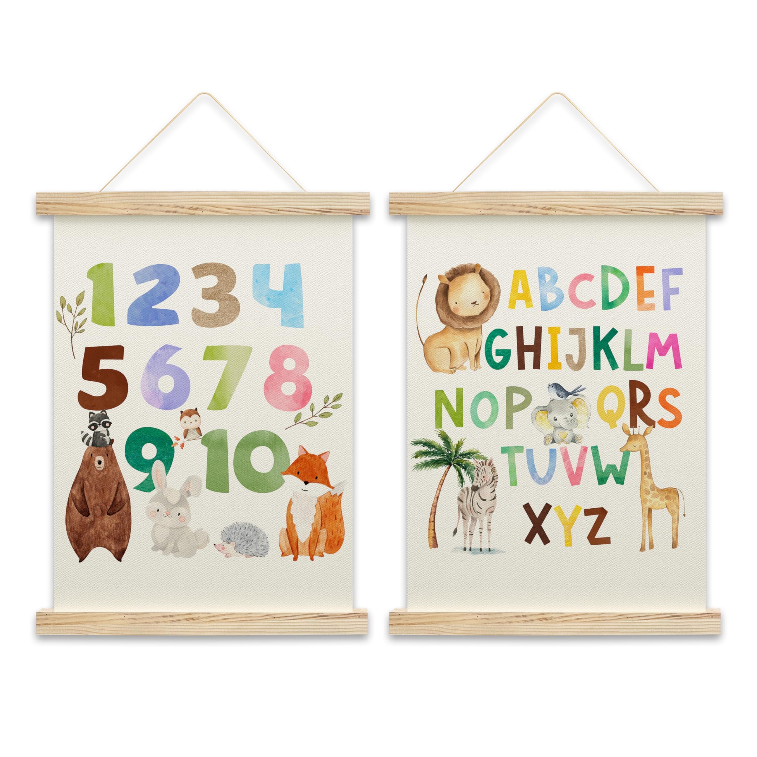 OZTEMETY Safari Alphabet Numbers Poster Hanger Frame, Number Chart 1-10 For Kids, Toddler Learning Posters, Jungle Nursery Decor, Toddlers Kids Classroom Playroom Decor, Set Of 2 -B03