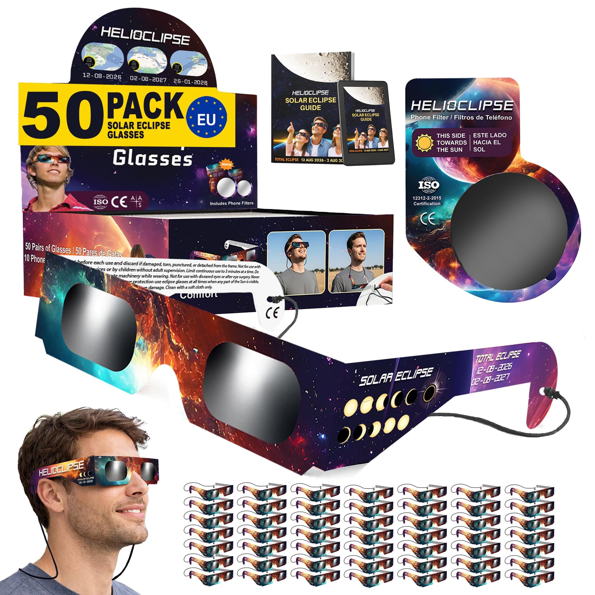 Helioclipse 50 Pack Solar Eclipse Glasses 2026 ISO 12312-2 Certified - Eclipse Glasses Approved - Certified Solar Eclipse Glasses & 10x Phone Filter