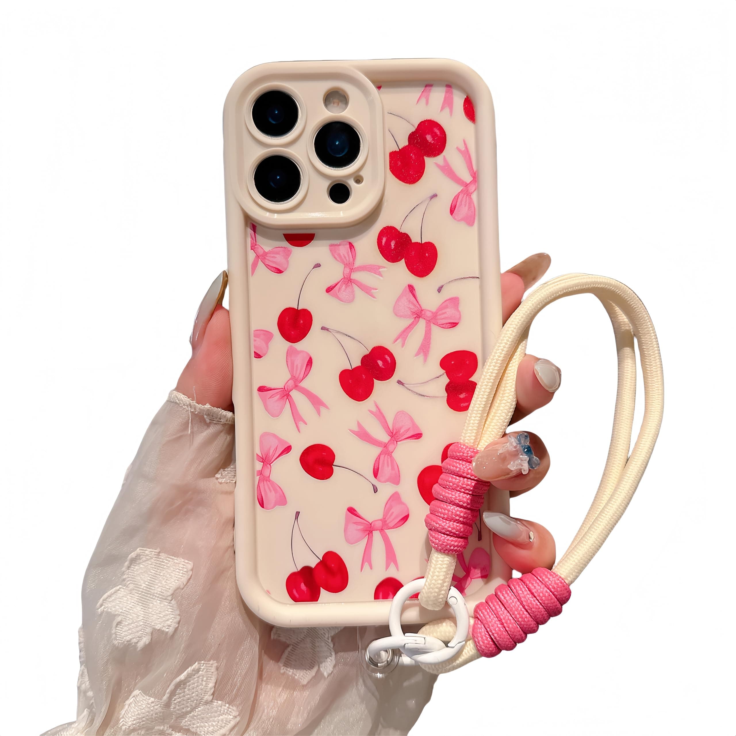 FXFOOT Aesthetic Pink Bow Cherry Phone Case Compatible for iPhone 15 Pro Max Case, with Adjustable Anti-Drop Wrist Strap - Full-Body Shockproof Protection, Raised Camera & Edge Guards