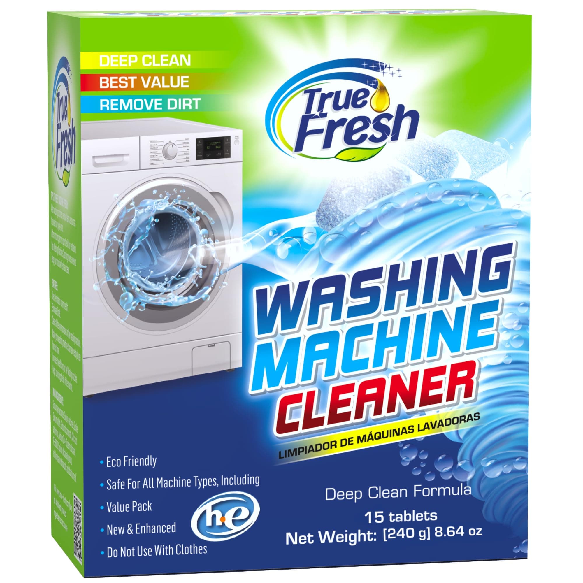 True Fresh Washing Machine Cleaner Tablets, Solid Deep Cleaning Tablet, Finally Clean All Washer Machines Including HE Front Loader Top Load- 15 pack