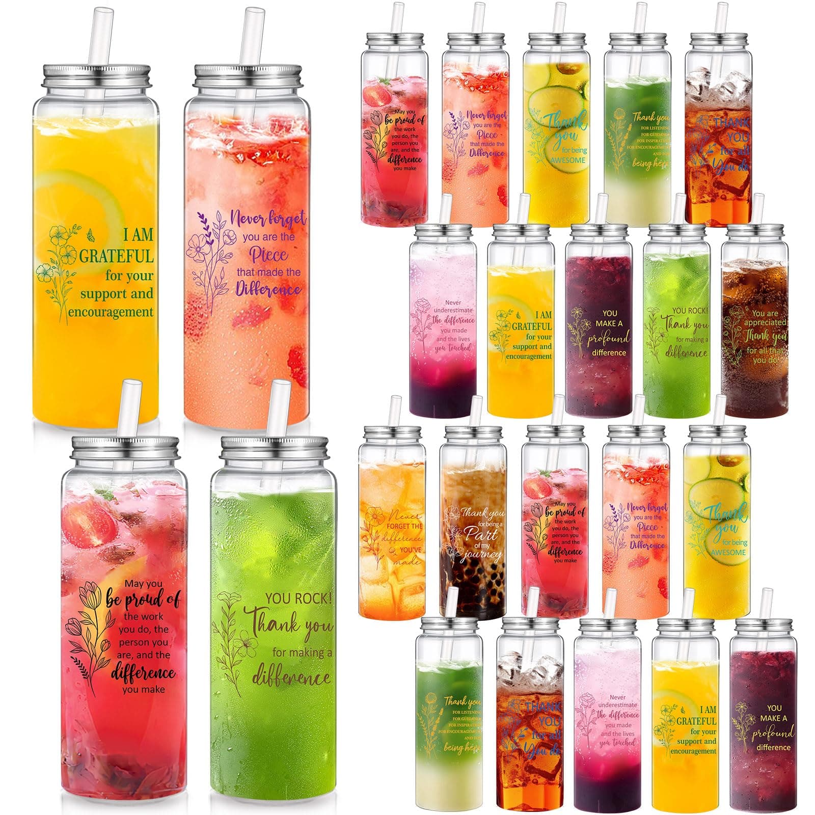 Skylety 24 Pcs Staff Appreciation Gifts Plastic Cups Bulk 17 oz Large Employee Thank You Reusable Cups Team Coworker Inspirational Gifts Acrylic Skinny Tumbler with Lid Straw for Staff Teacher Nurses