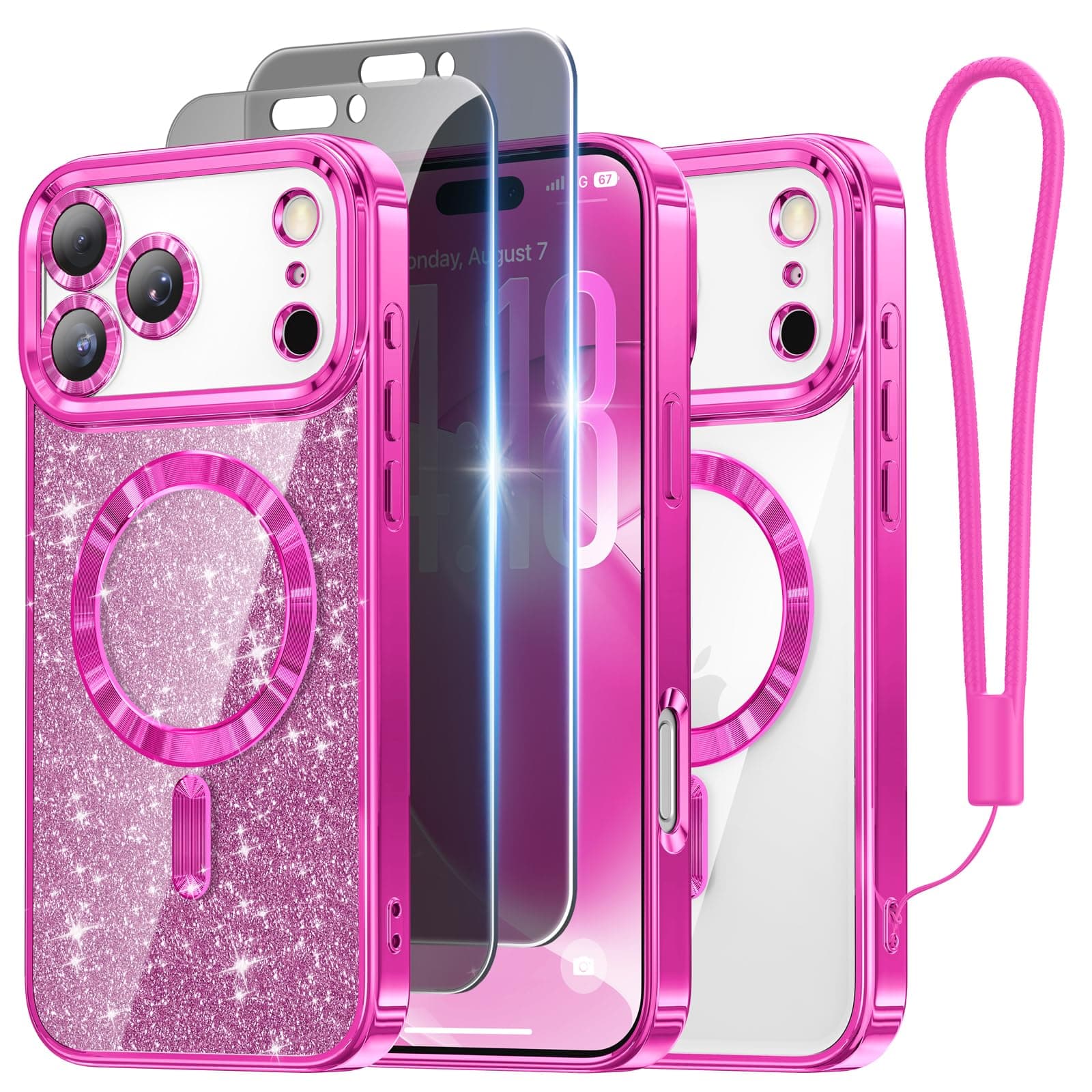 Meifigno Designed for iPhone 17 Pro Case with 2X Privacy Screen Protectors 6.3", [Glitter Card & Wrist Strap] [Compatible with MagSafe] Surround Lens Protection for 17 Pro Phone Case Women, Hot Pink