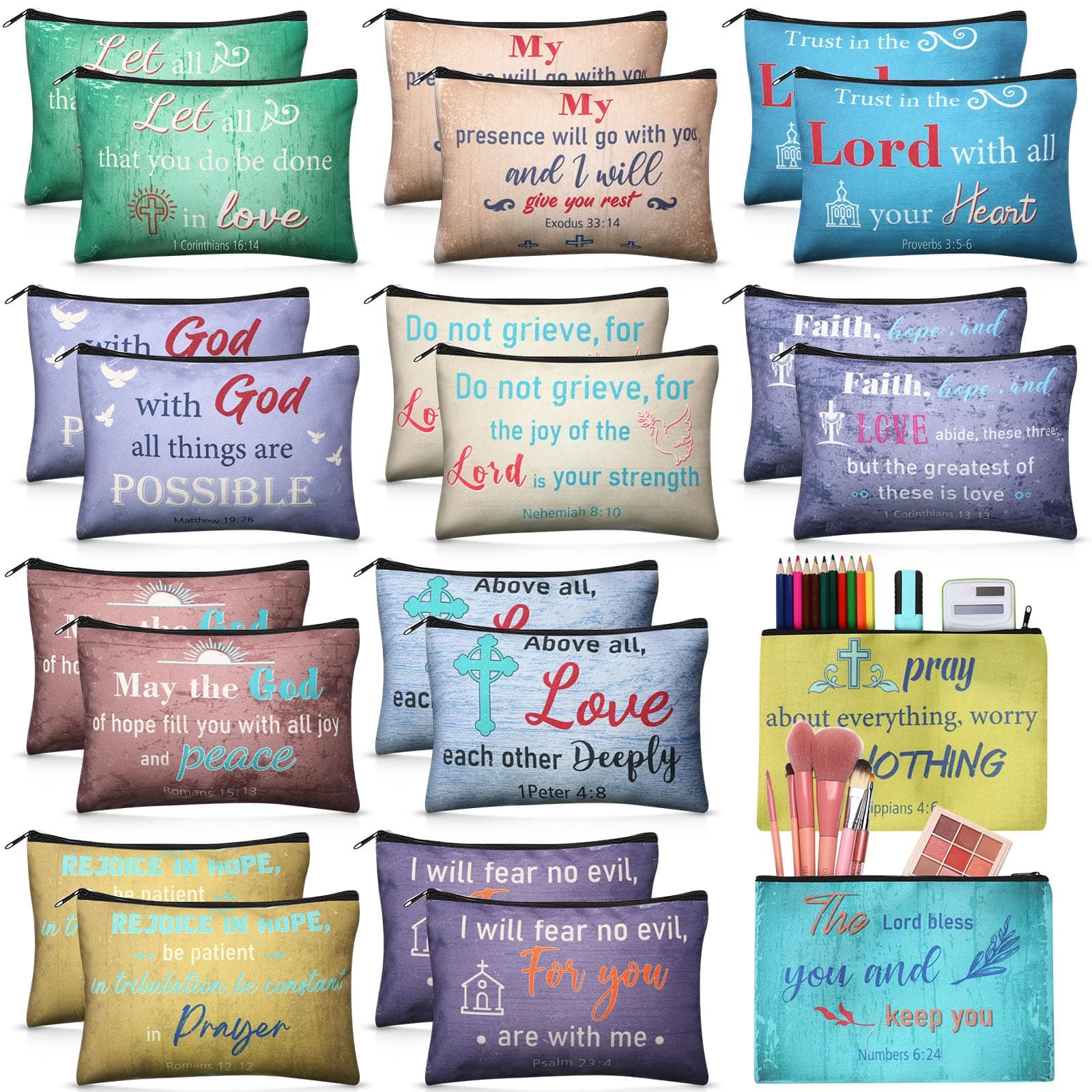 Qeeenar 12 Pack Christian Cosmetic Makeup Bags Religious Bible, Retro