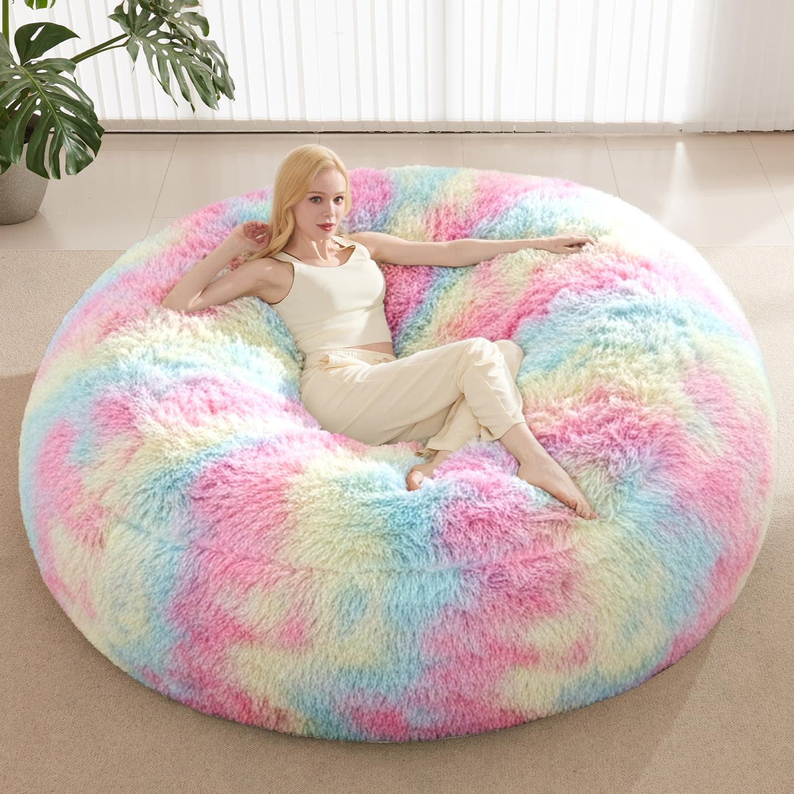 5FT Rainbow Bean Bag Chair Cover for Stuffed Animals Storage, Gaint Faux Fur Washable Bean Bag Covers(No Filler) for Textile Plush Toys, Colorful Beanbag Chair Cover for Adults Teens Girl Gifts