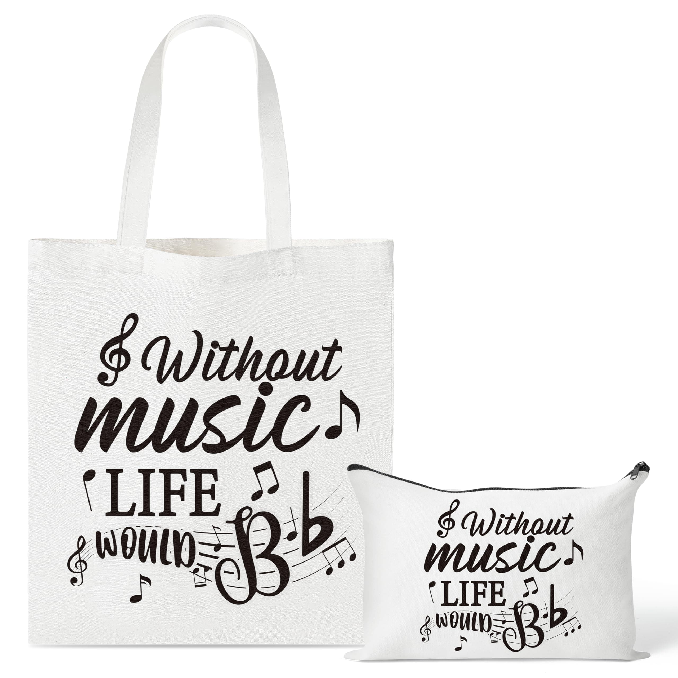 Y1tvei Black Music Canvas Bag - 2Pcs Musical Note Themed Reusable Grocery Shopping Handbag, Without Music Life Would B Flat Canvas Tote Bag Makeup Pouch, Recital Gift for Musical Lover Singer Musician