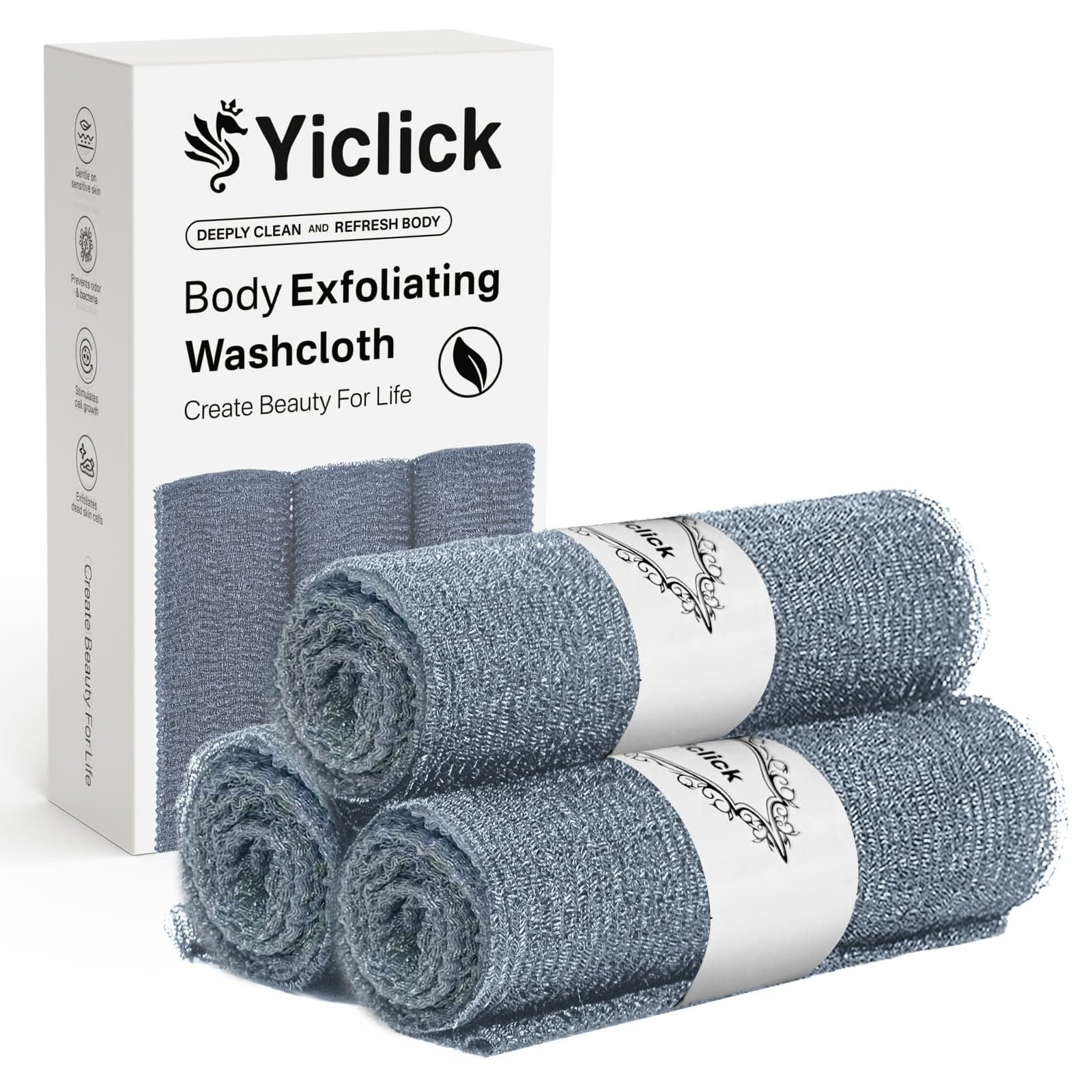 Yiclick Exfoliating Washcloth Towel, Japanese Exfoliating Wash Cloth, Korean Body Scrubber Exfoliator, Back Scrubber Washer for Shower Bath, Body Scrub African Net Sponge Loofah Luffa (Silver)