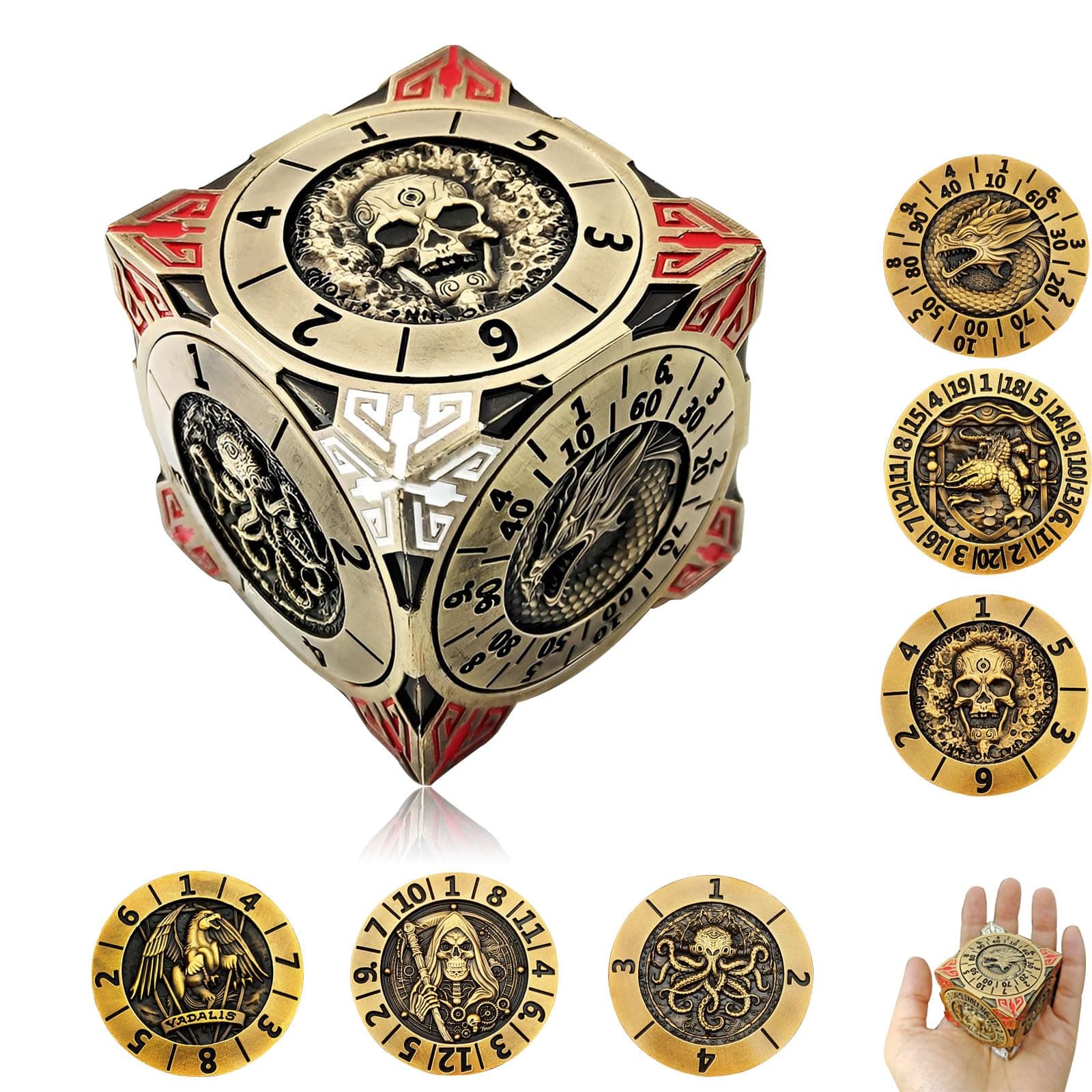 2025 New DND Spinner Dice, 7-in-1 Metal Dice Set with 3D Relief for Dungeons and Dragons Gifts, Polyhedral Roleplaying Game Dice, Fantasy D&D Tabletop RPG Accessories for DM & Player (Bronze)