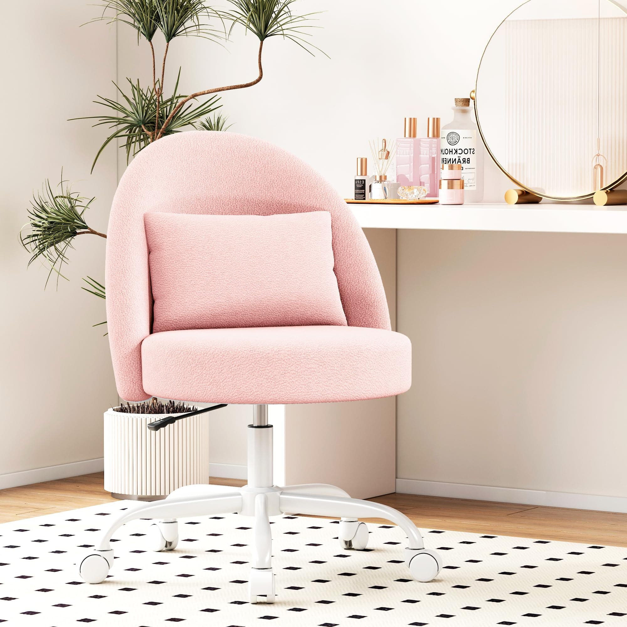 Misolant Vanity Chair with Back, Armless Cute Office Chair with Wheels for Girls, Teddy Fleece Fabric Small Desk Chairs with Adjustable Height, Lumbar Support Pillow, 360°Swivel for Makeup Room, Pink